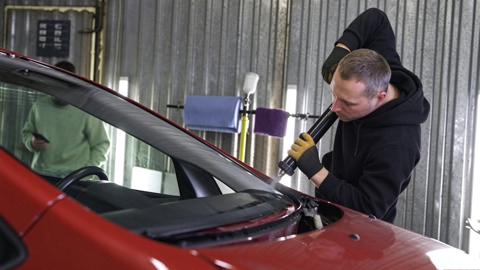 Technician extruding certified polyurethane direct glazing bead along automotive windshield edge