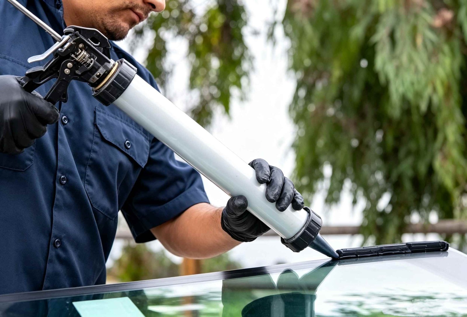 Technician dispensing high-modulus polyurethane windshield adhesive using high-thrust automotive glass glue gun