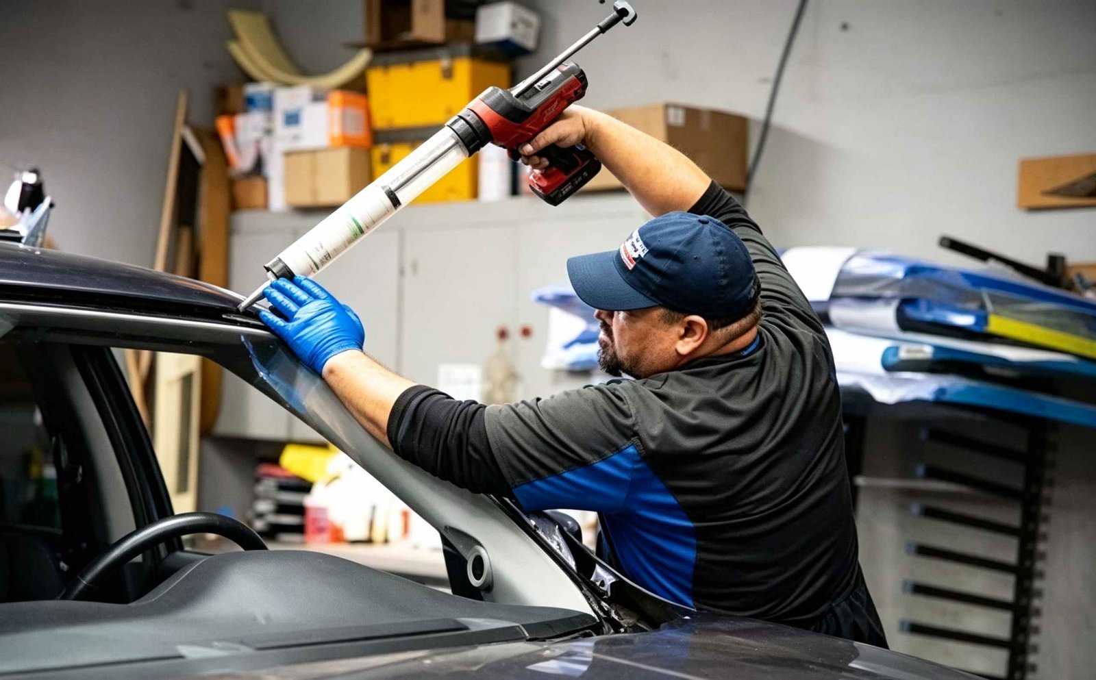 Technician dispensing polyurethane windshield adhesive with high ratio gun and triangular nozzle