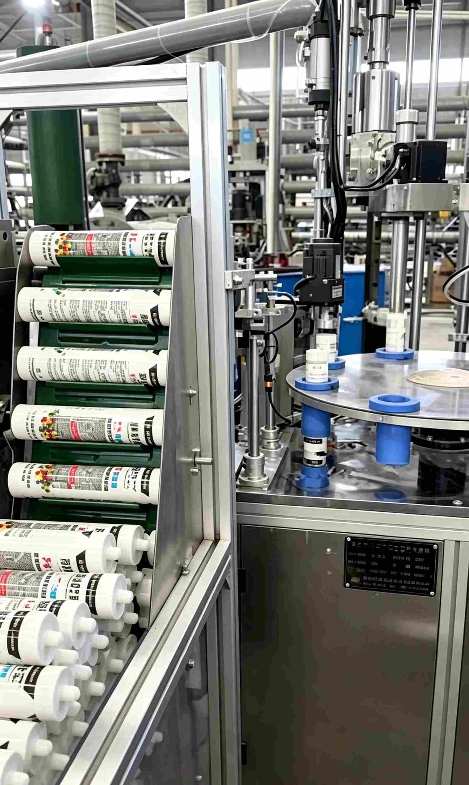 Industrial automatic silicone sealant filling and packaging line showcasing complete conveyor integration