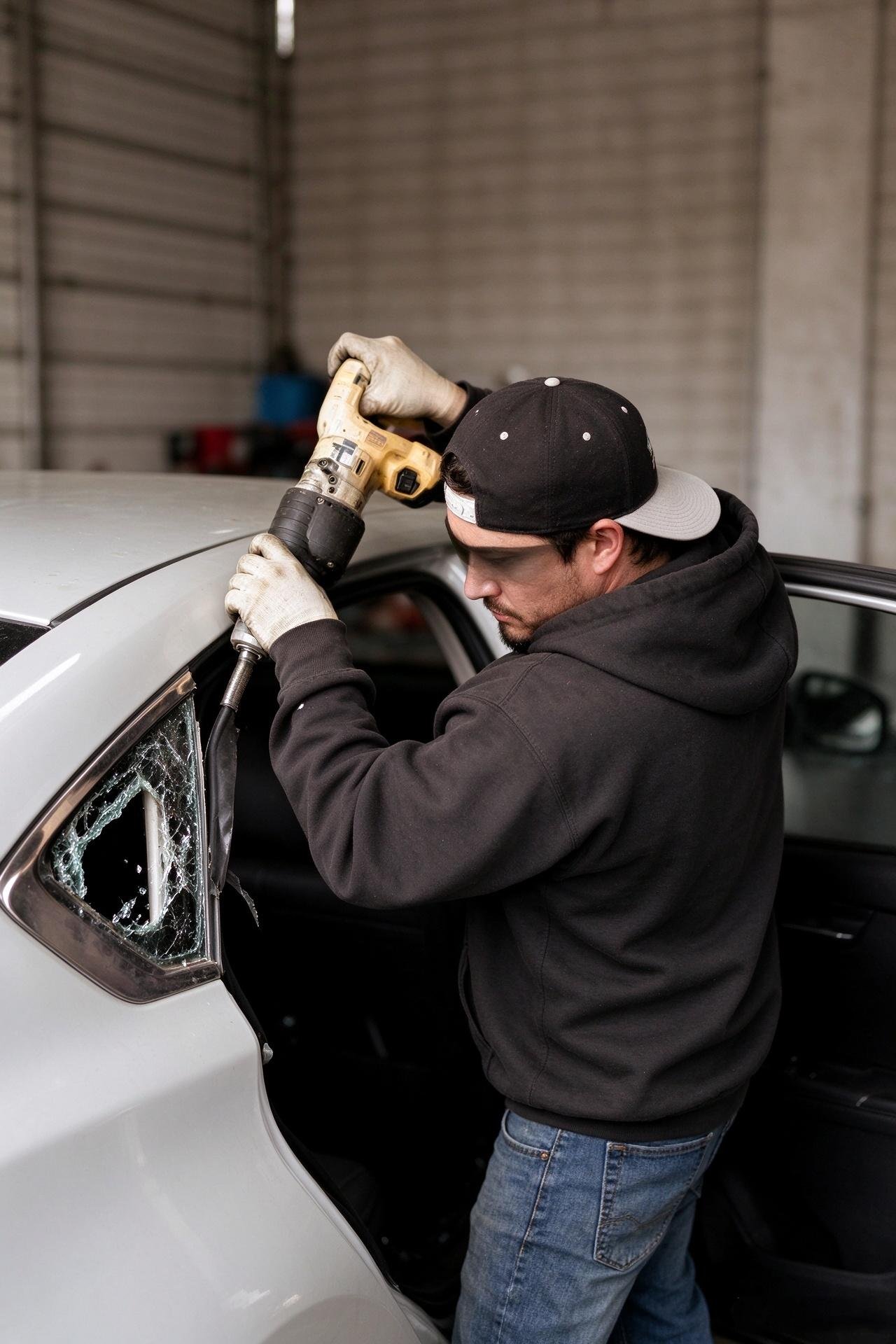 Technician meticulously inspecting vehicle body pinchweld flange and glass gap during installation