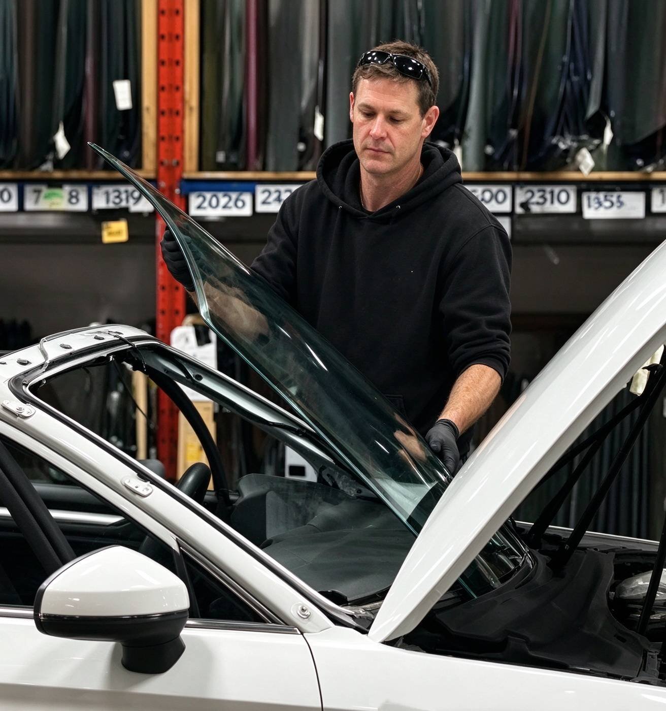 Two automotive technicians using heavy-duty vacuum suction cups to lift and carry a replacement windshield