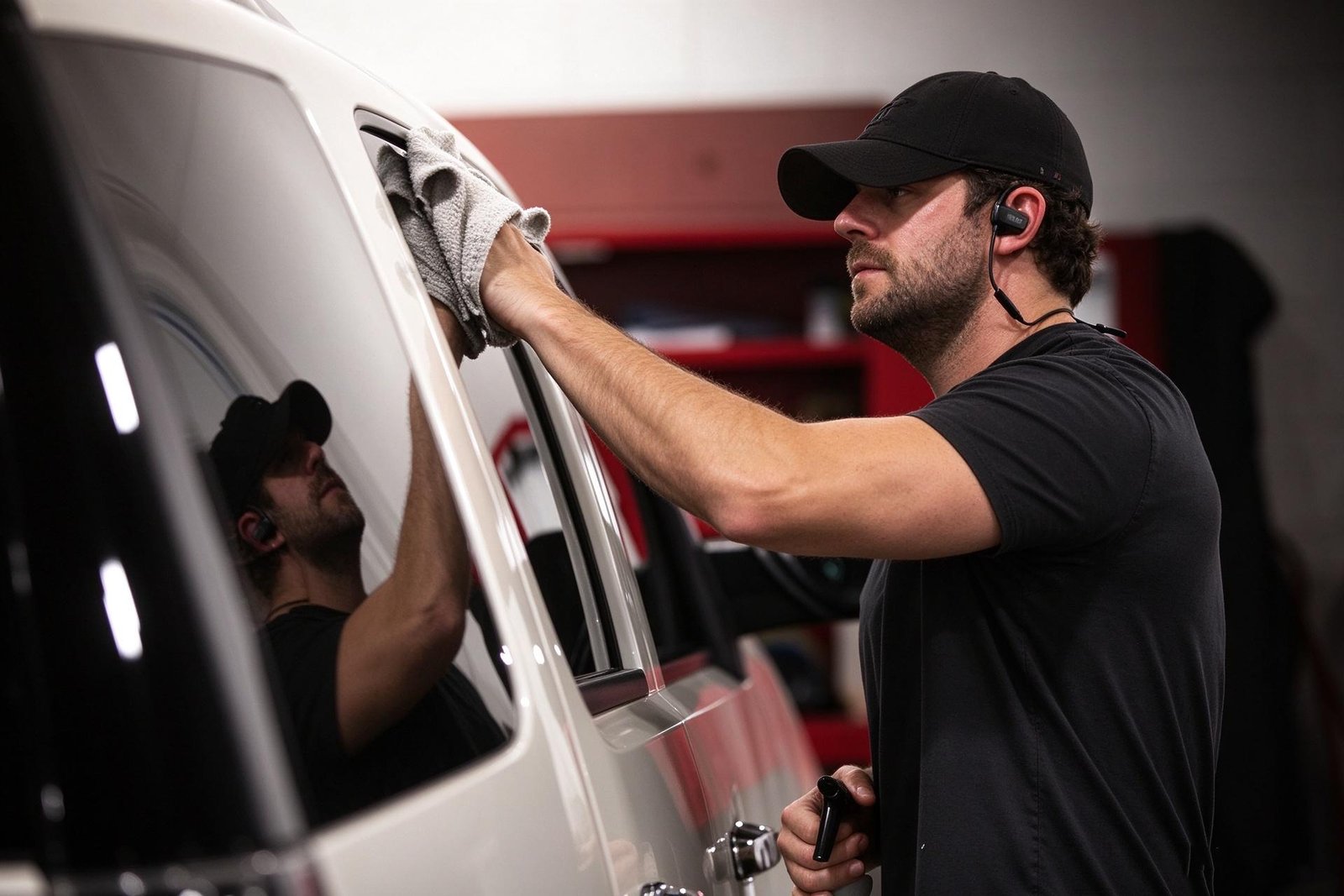 Technician carefully trimming residual polyurethane bead along vehicle side pinchweld to prepare clean bonding surface
