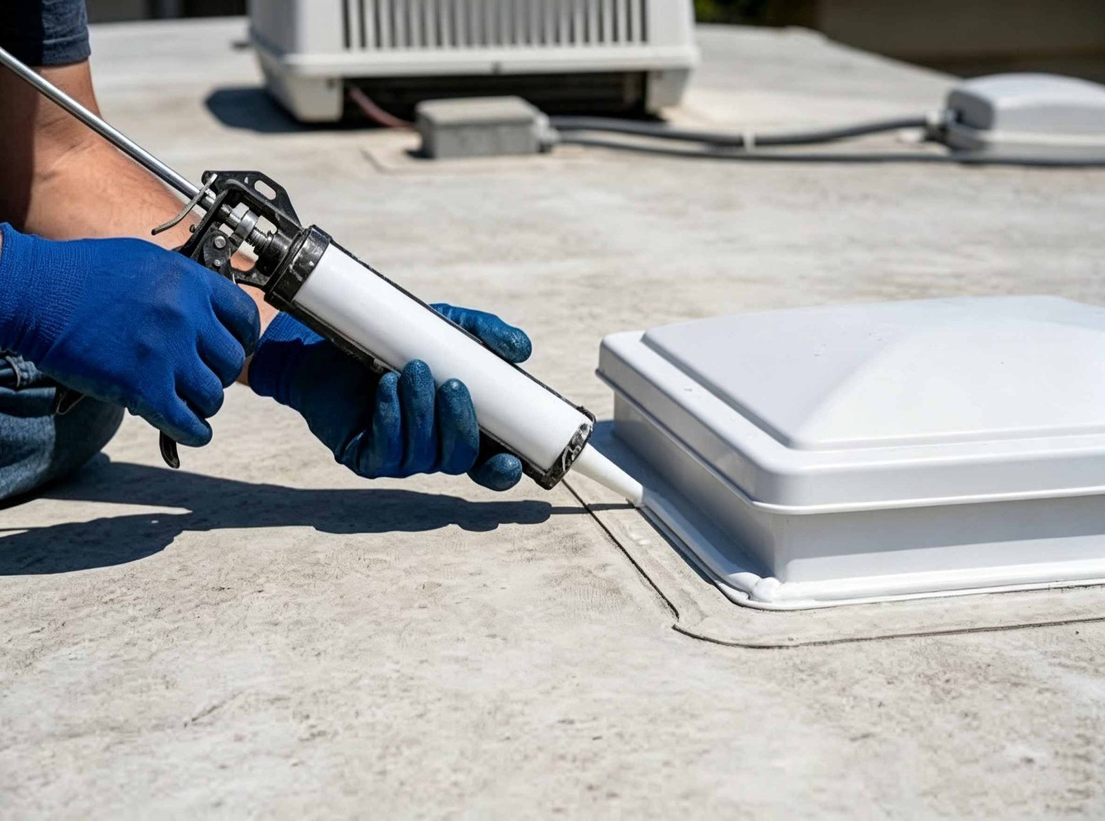 Precision glue injection and self-leveling lap sealant application around RV sunroof perimeter