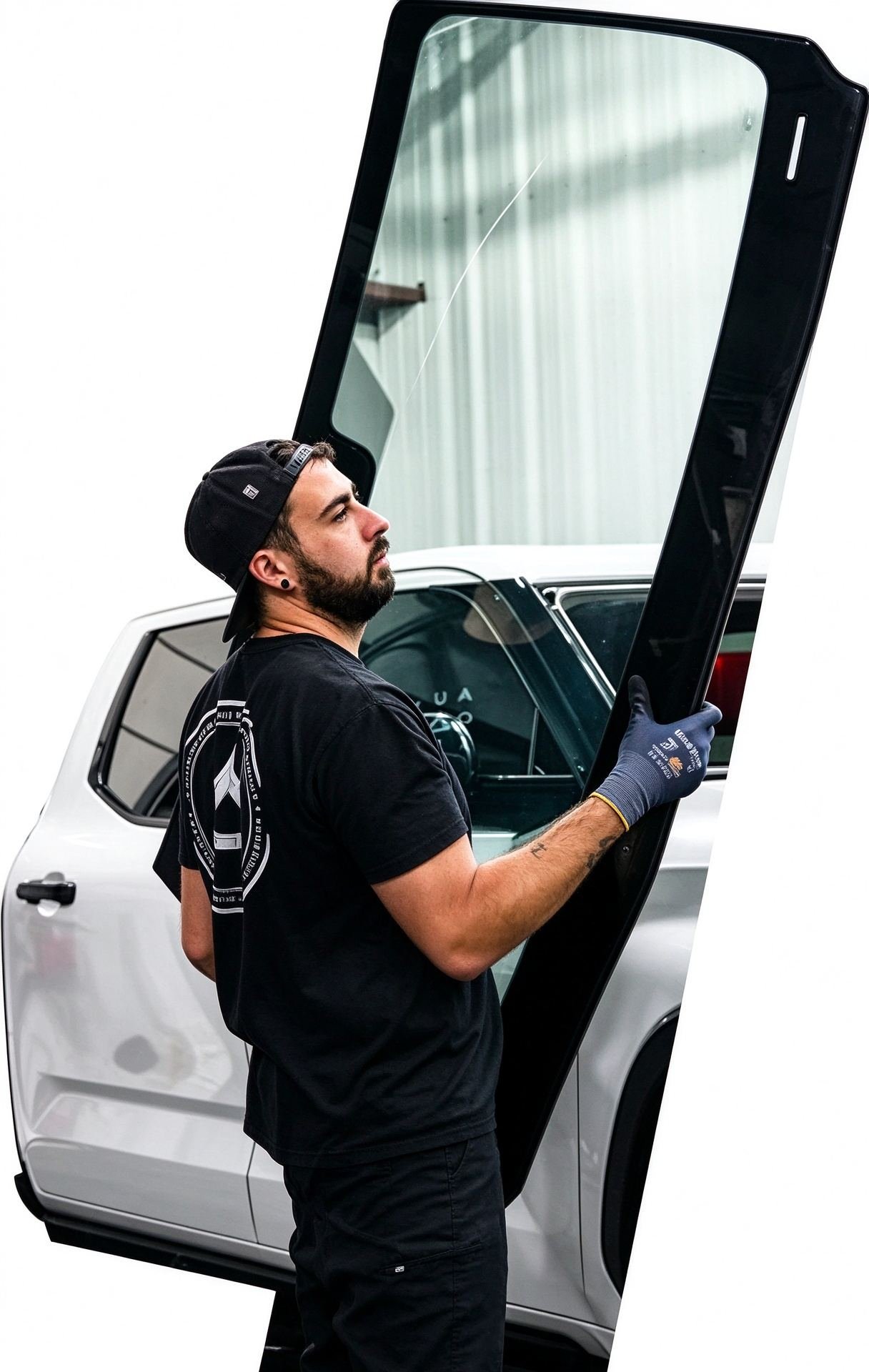 Senior quality inspector checking perimeter gap uniformity and adhesive wet-out on completed windshield installation