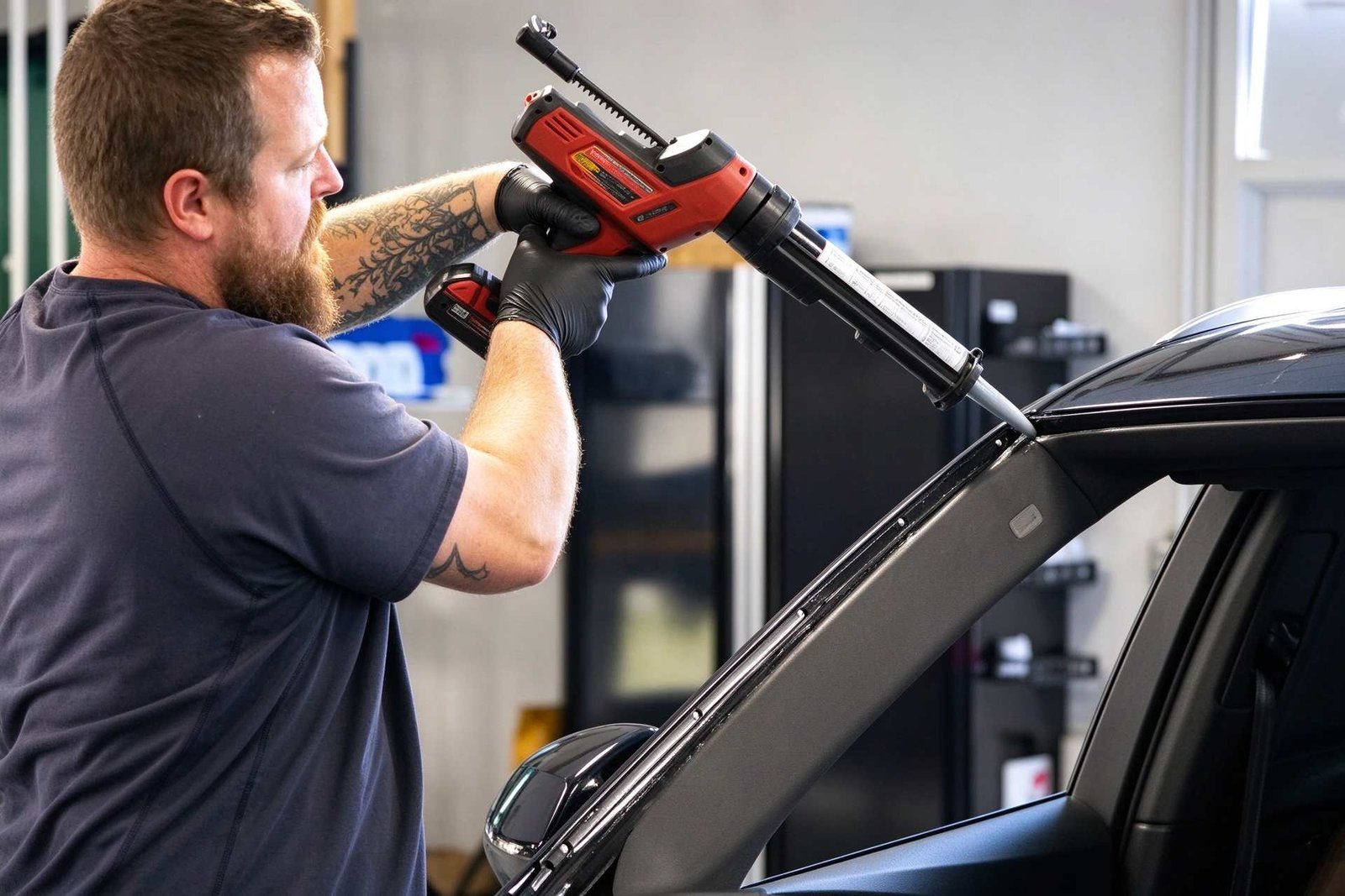 Two technicians setting a primed front windshield onto vehicle pinchweld using vacuum lifters
