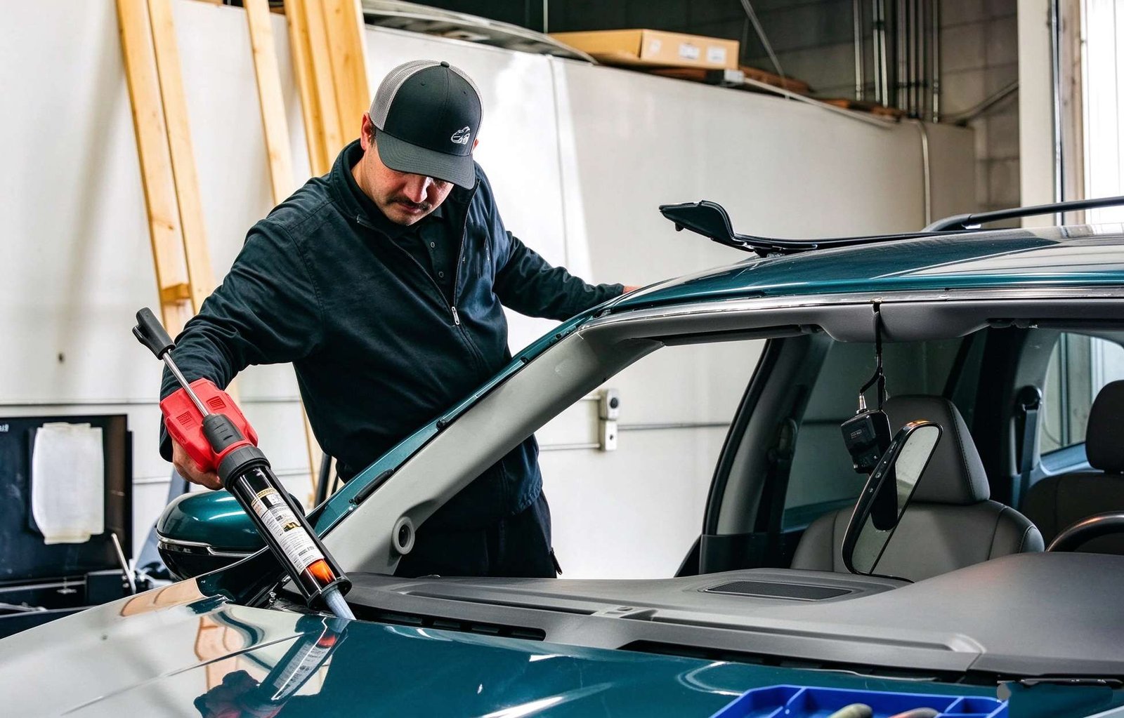 Technician meticulously applying adhesive and sealing automotive glass frame with professional tooling