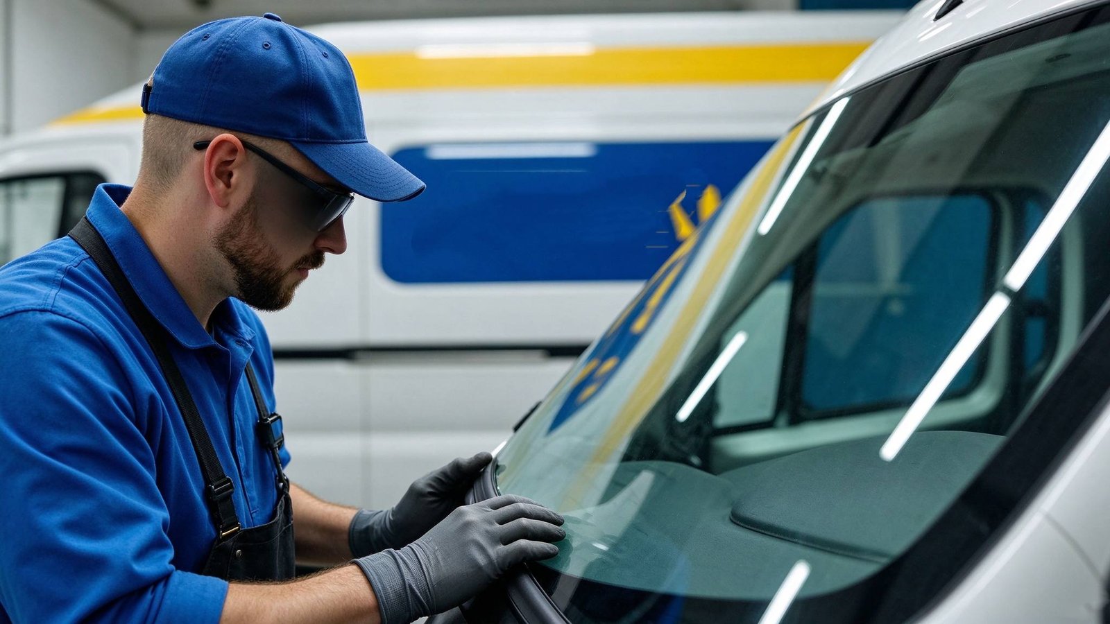 Technician meticulously inspecting pinchweld flange and prepping glass assembly inside an authorized vehicle repair bay
