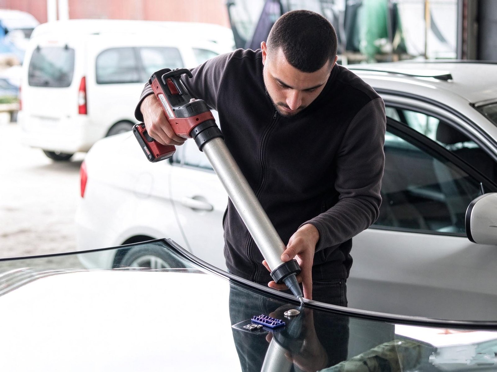 Precision pneumatic dispensing of OEM automotive urethane bead on glass frame perimeter