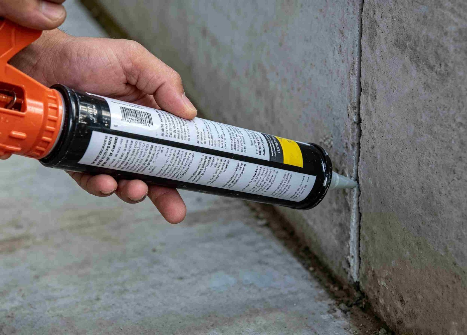 Commercial construction site worker applying polyurethane construction sealant to precast concrete wall joints