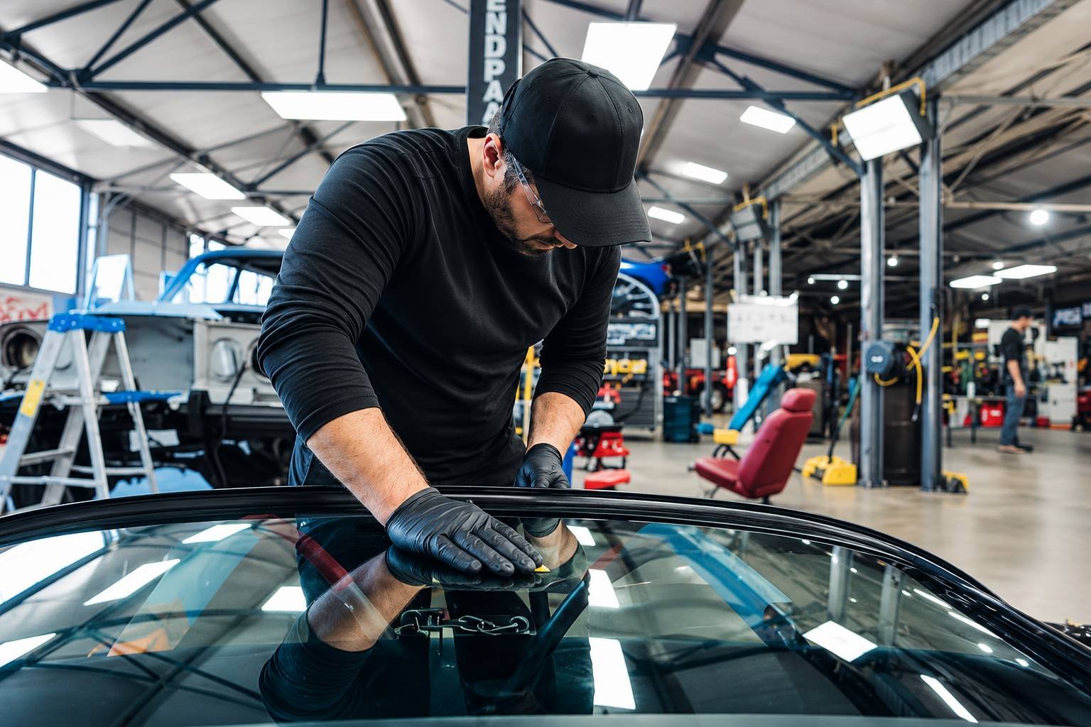Quality control technician inspecting adhesive bead width, height, and continuity on automotive windshield assembly