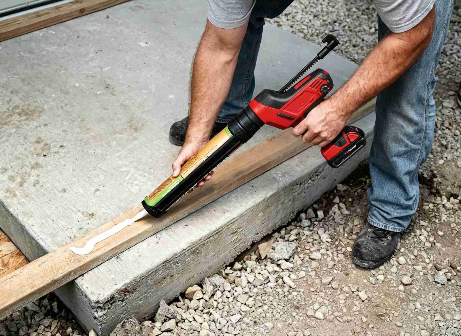 Contractor dispensing exterior joint sealant into concrete expansion channel using professional caulking gun