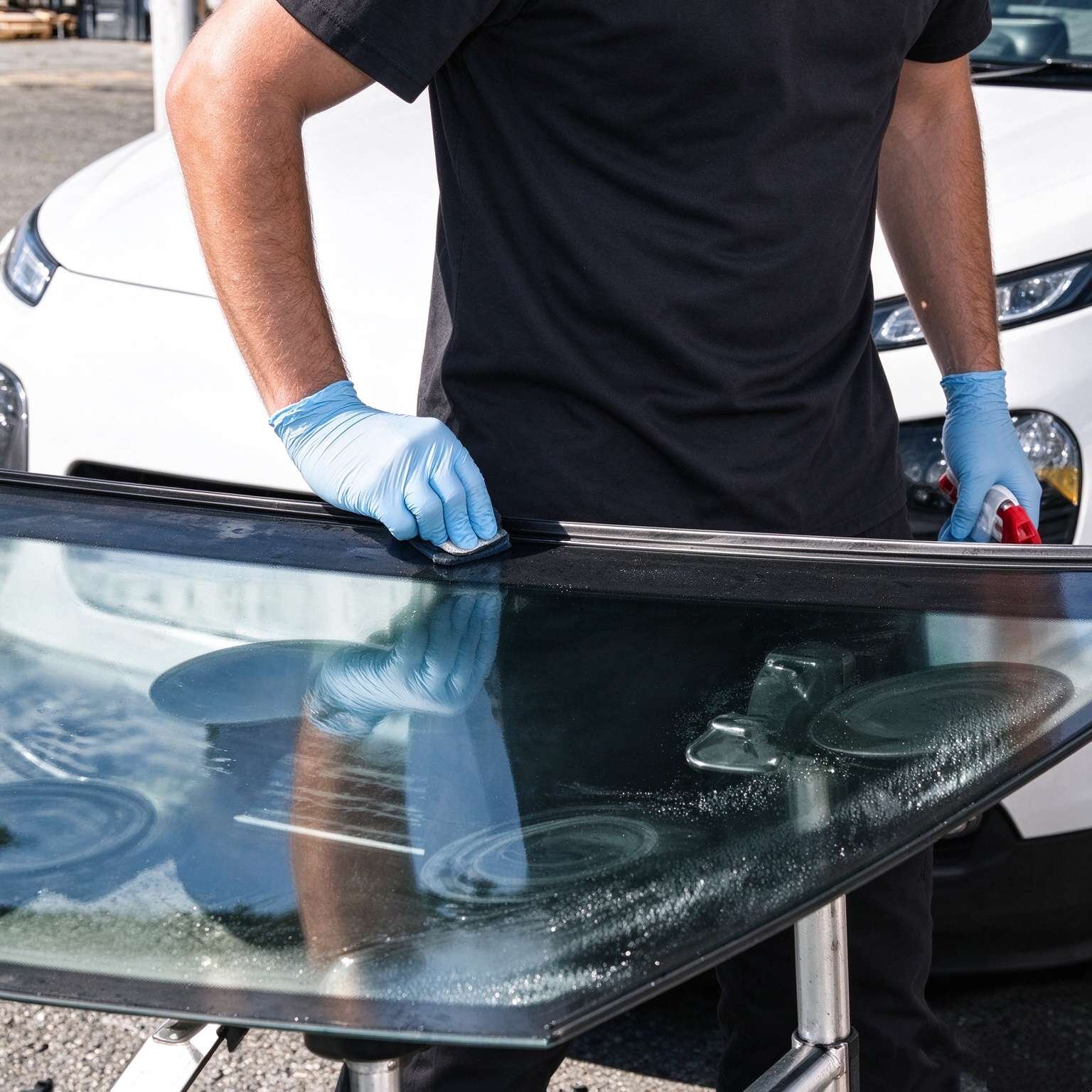 Auto glass technician degreasing and priming ceramic frit band on a new replacement windshield before urethane application