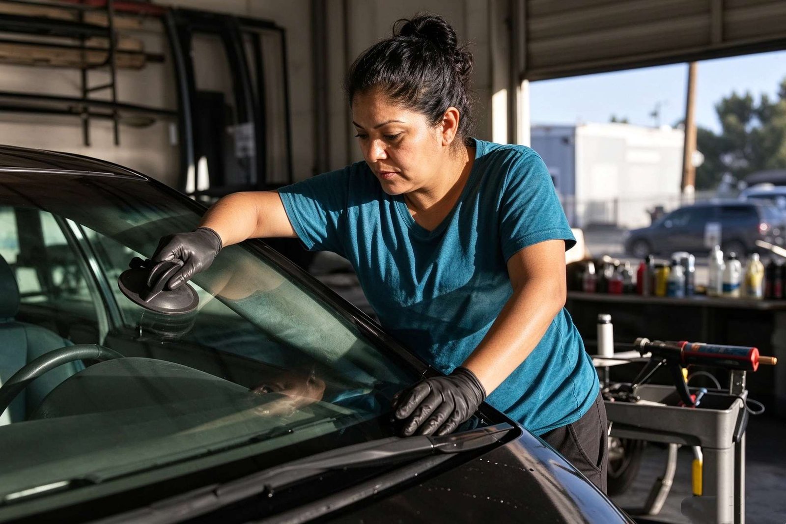 Technician expertly dispensing a uniform triangular polyurethane adhesive bead onto automotive windshield perimeter