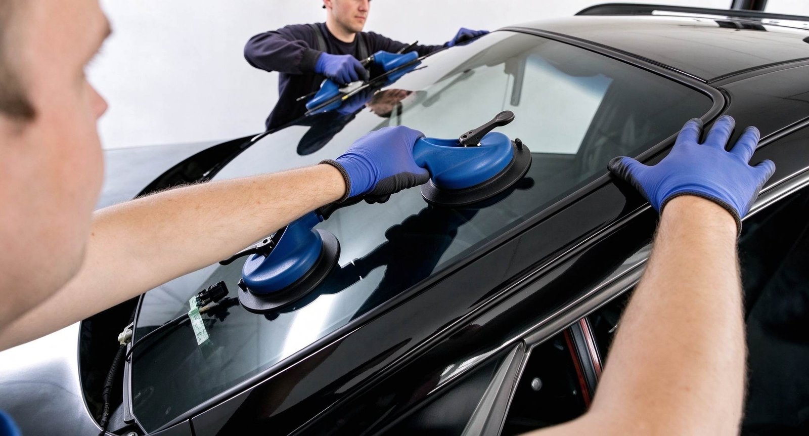 Technician cutting out old damaged windshield adhesive bead using professional wire removal tool