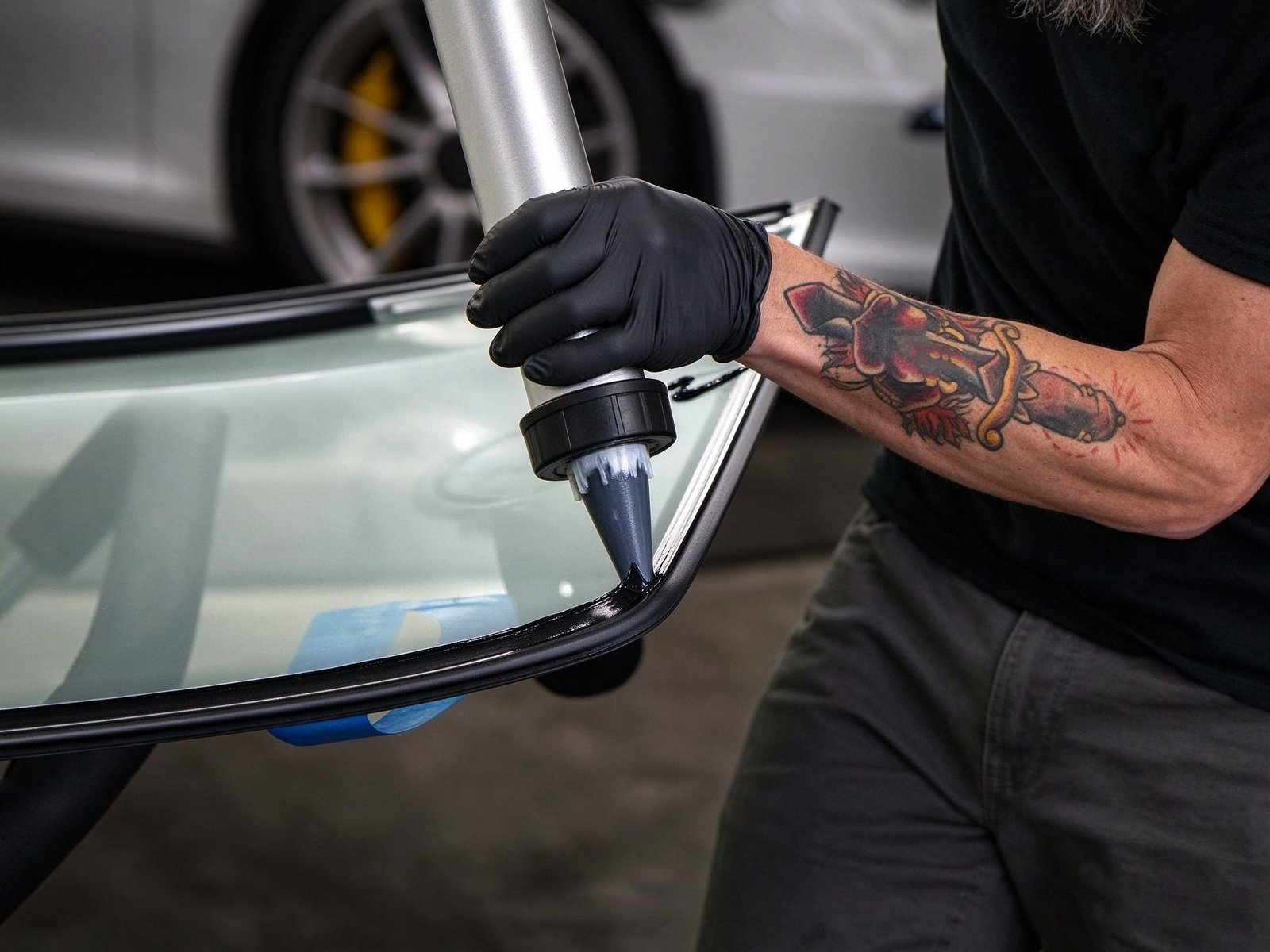 Close-up of professional caulking gun dispensing specialized automotive glass sealant