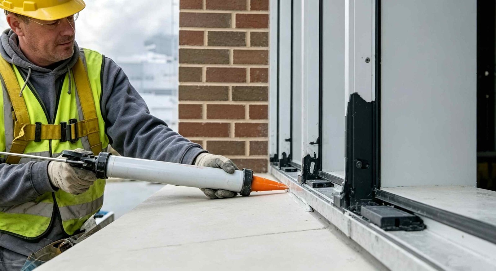 Professional architectural sealant application around commercial window and door frame perimeters