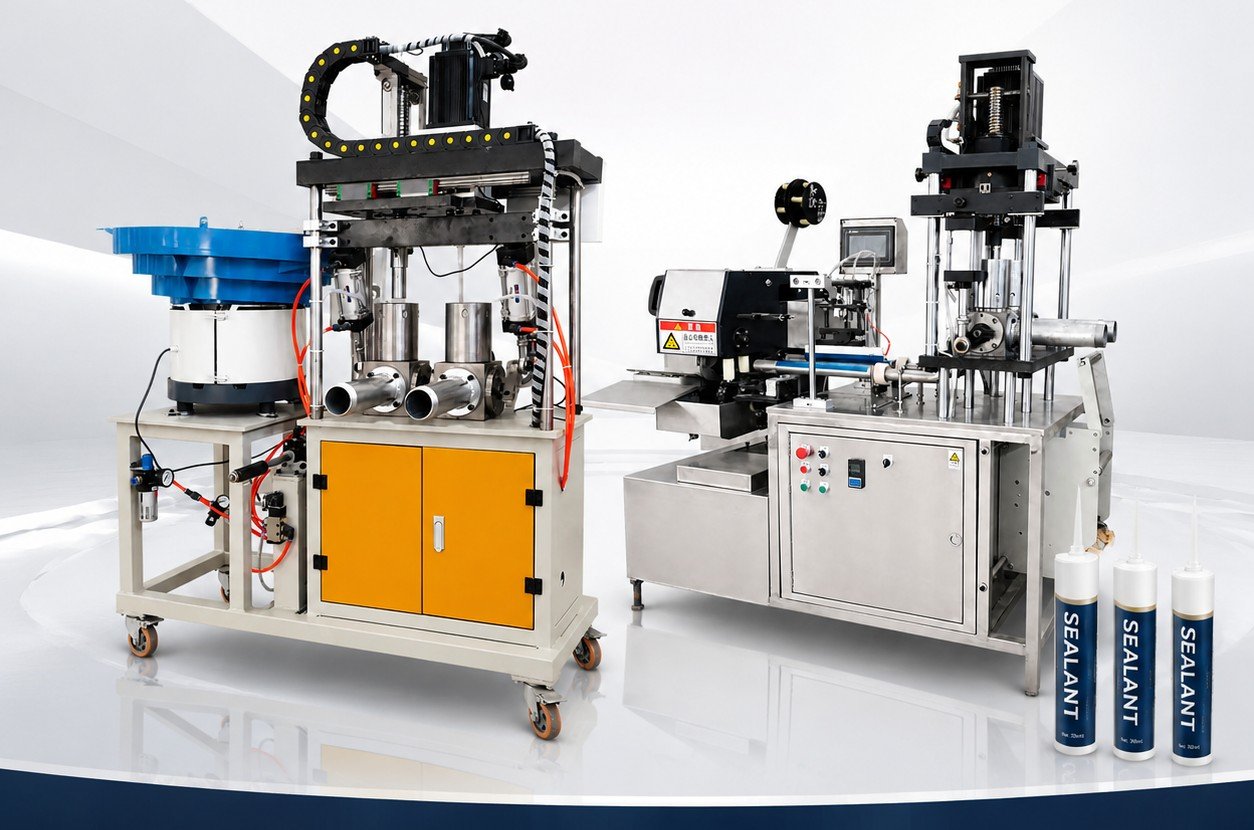 Fully automatic silicone sealant cartridge filling and capping machine in operation