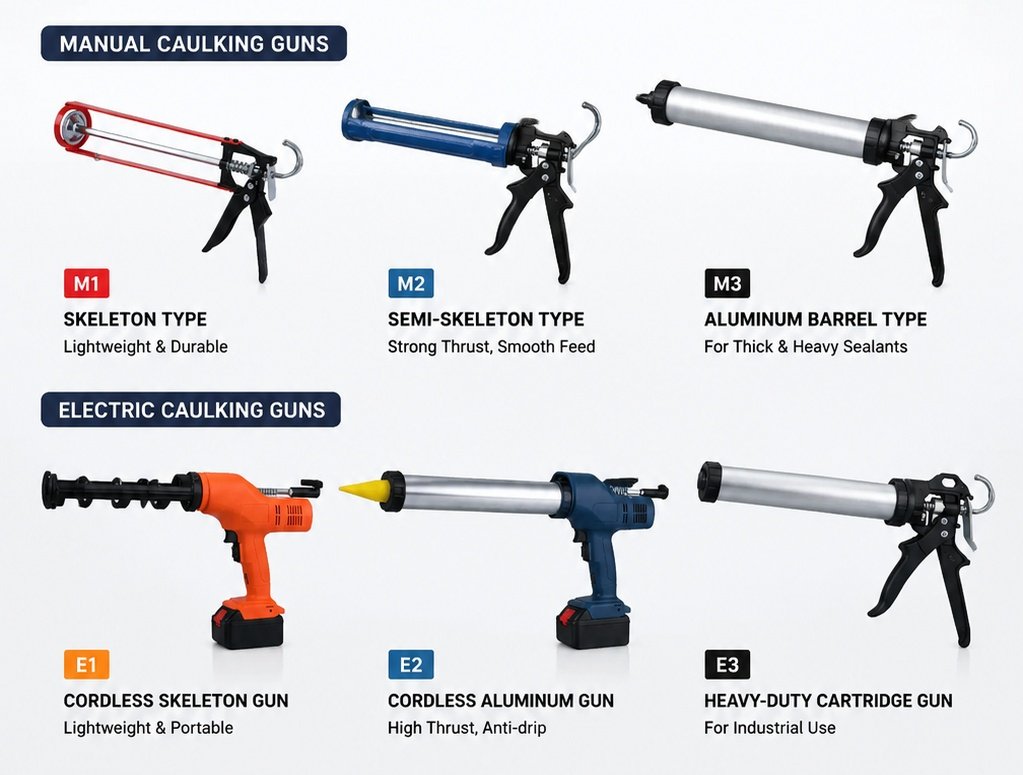 Comparison of various manual, pneumatic, and electric cordless caulking gun applicator types
