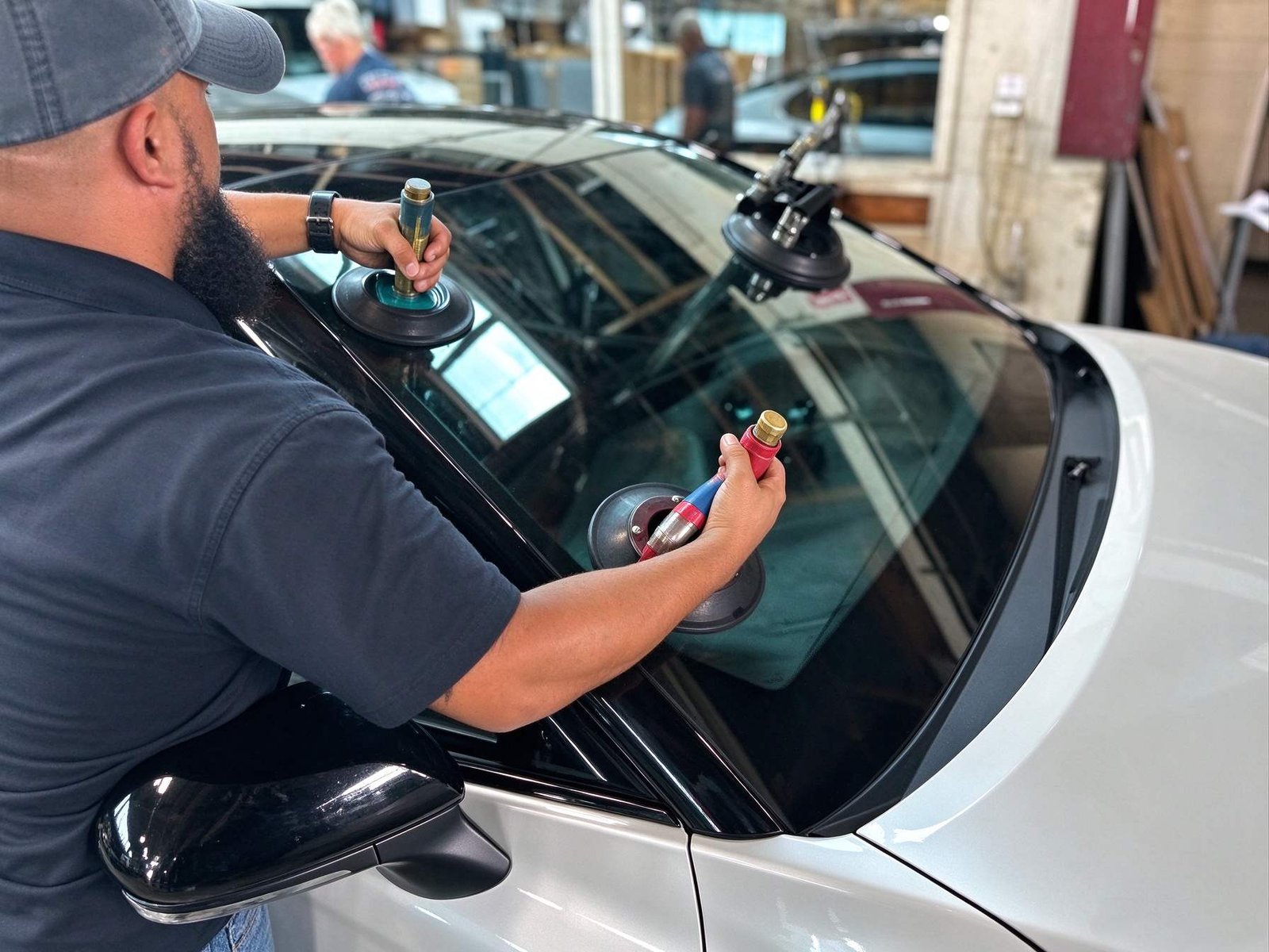 Two technicians setting replacement windshield onto black sealant bead using professional vacuum suction lifters