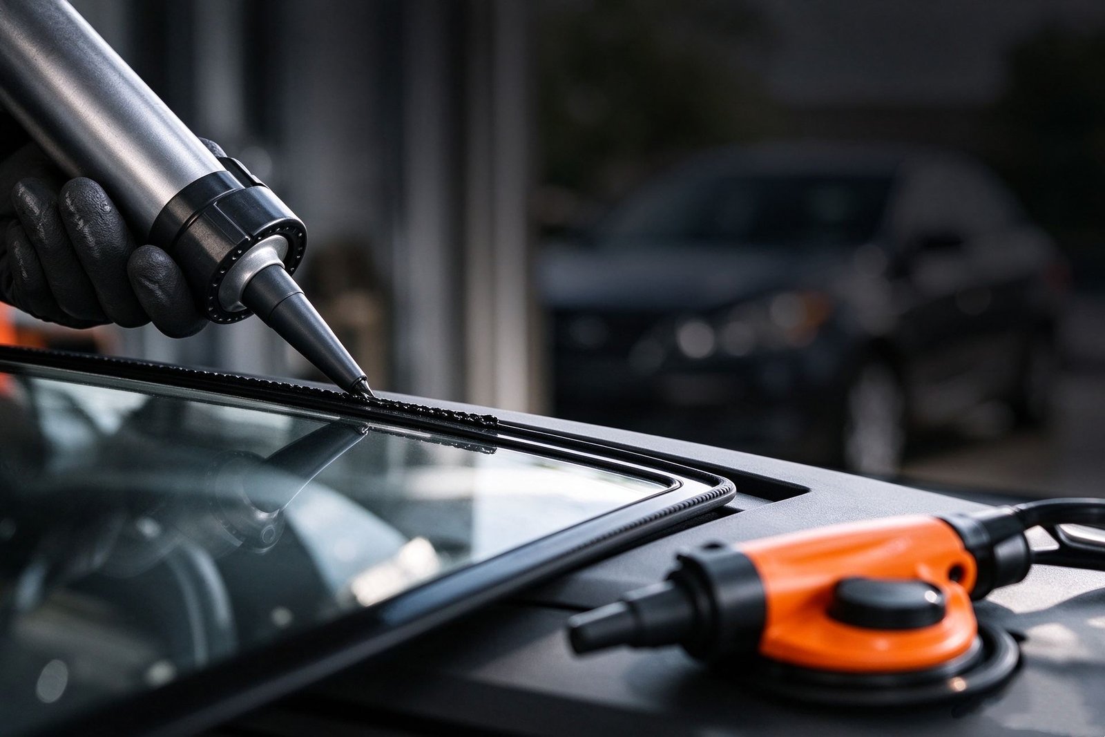 Certified automotive glazier extruding high-strength structural polyurethane adhesive along glass perimeter