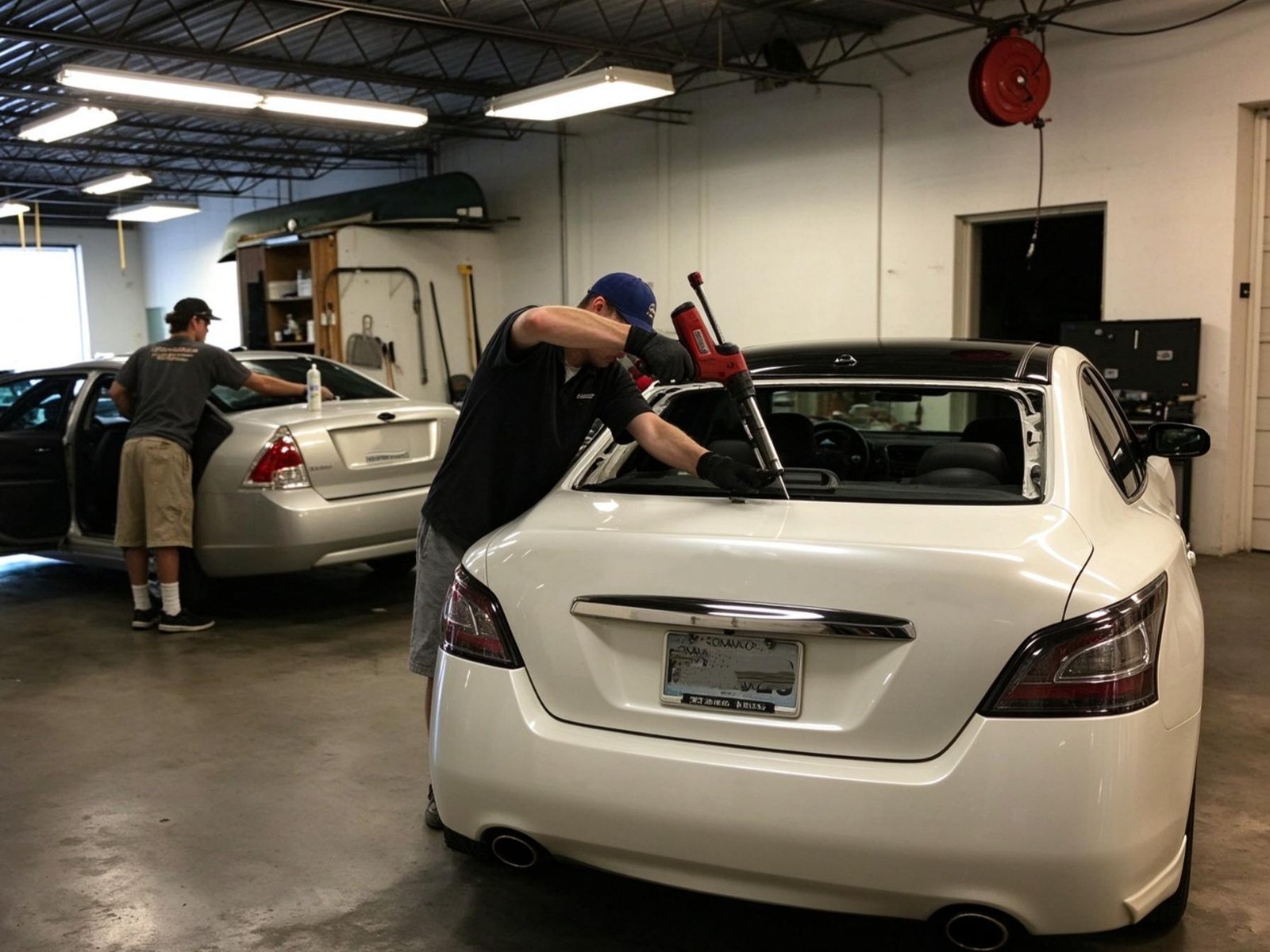 Technicians carefully setting replacement windshield with precision-fitted perimeter rubber moulding into vehicle body