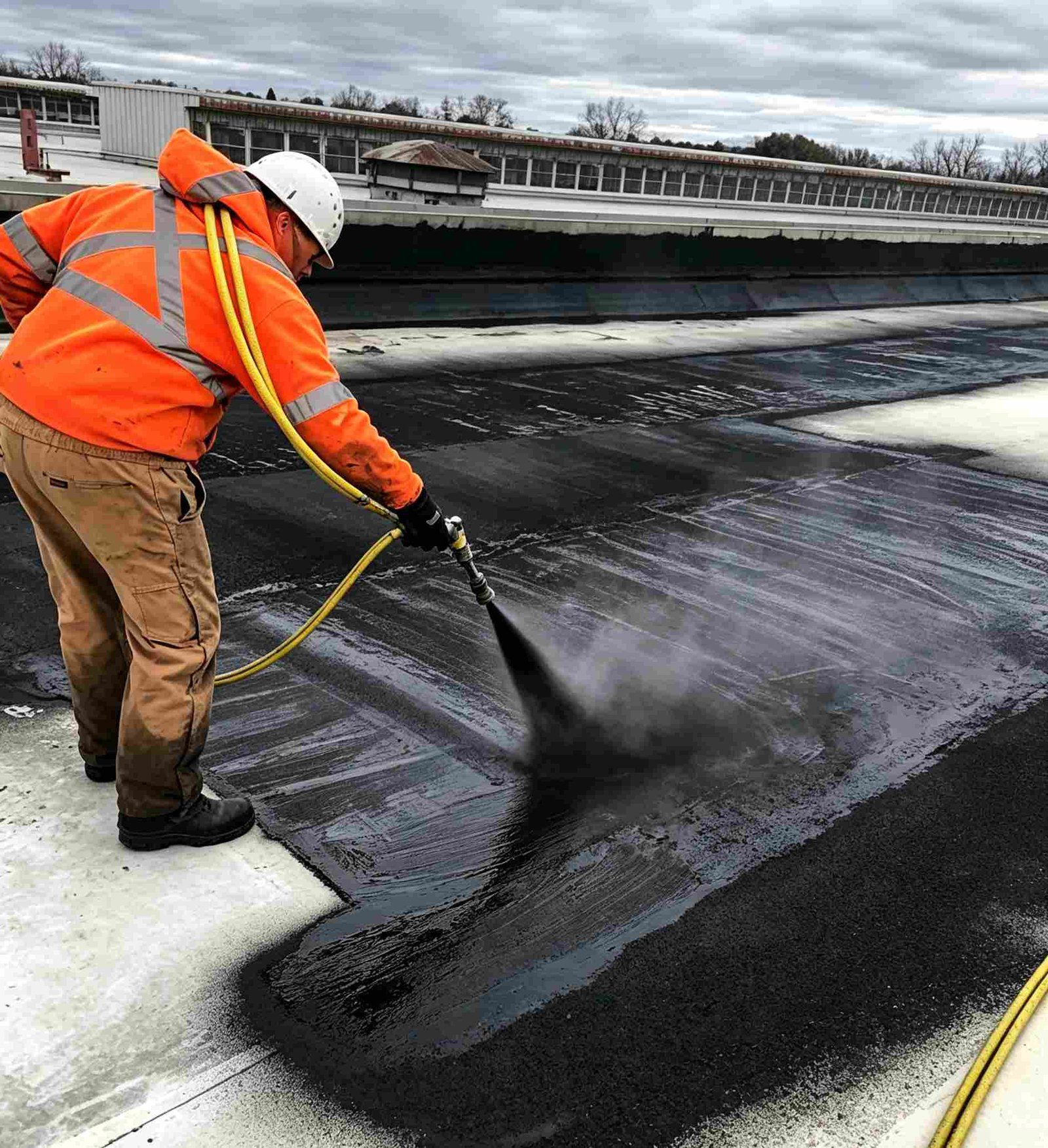 Contractor spray applying plural-component polyurea waterproofing membrane onto concrete deck