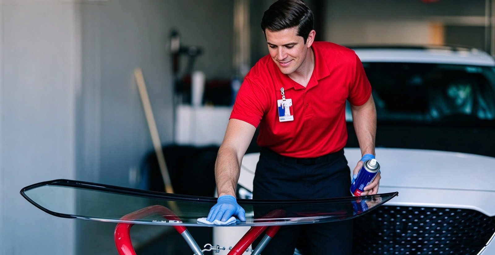 Technicians thoroughly cleaning automotive glass perimeter before molding installation and structural adhesive application