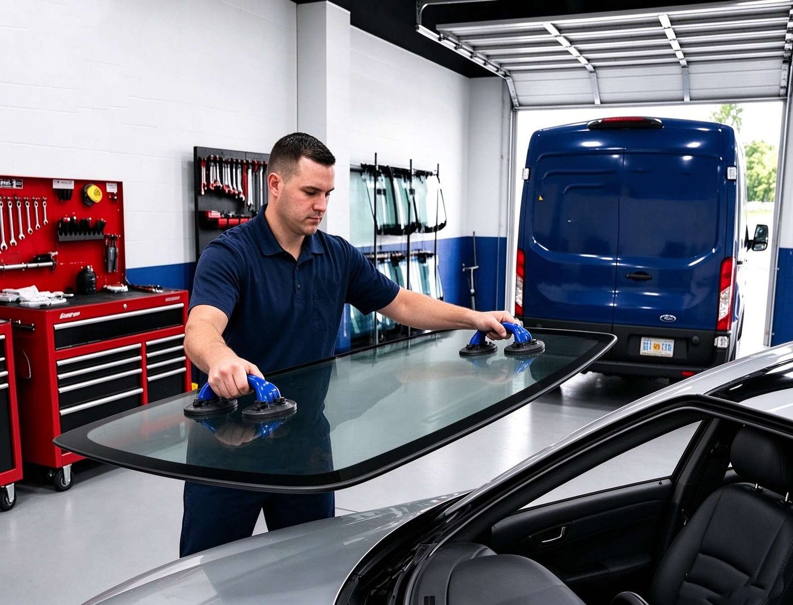 Two certified auto glass technicians installing replacement windshield assembly with integrated perimeter gaskets