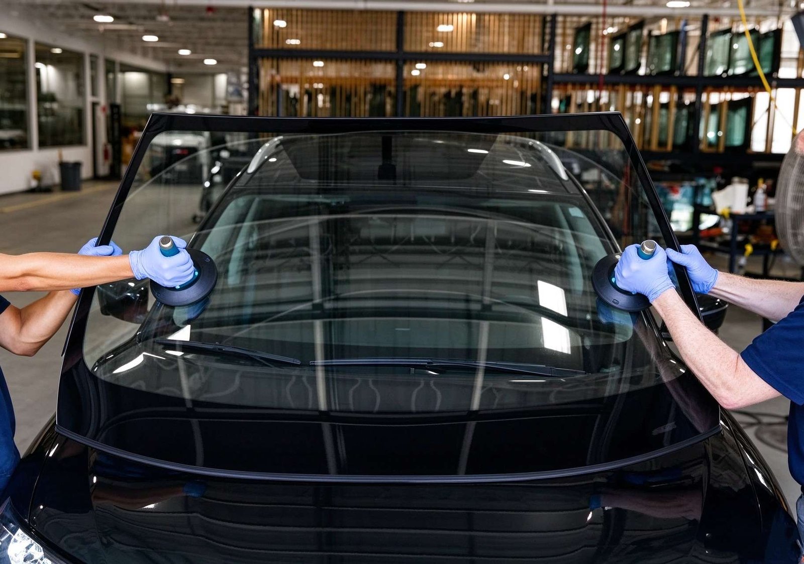 Two technicians carefully lowering and mounting a replacement windshield onto vehicle pinchweld in a modern workshop