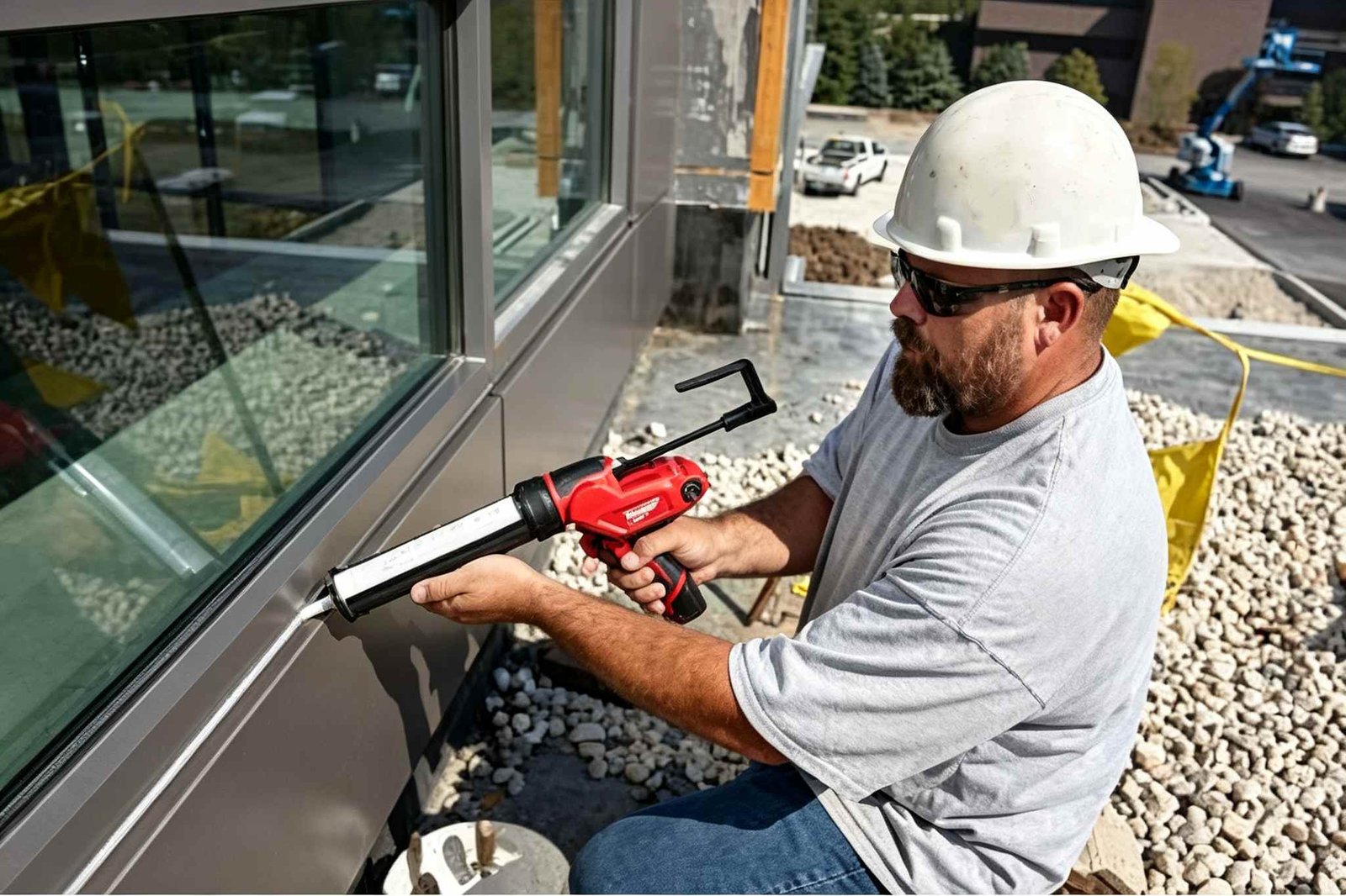 Contractor dispensing neutral silicone sealant into commercial window frame perimeter joint