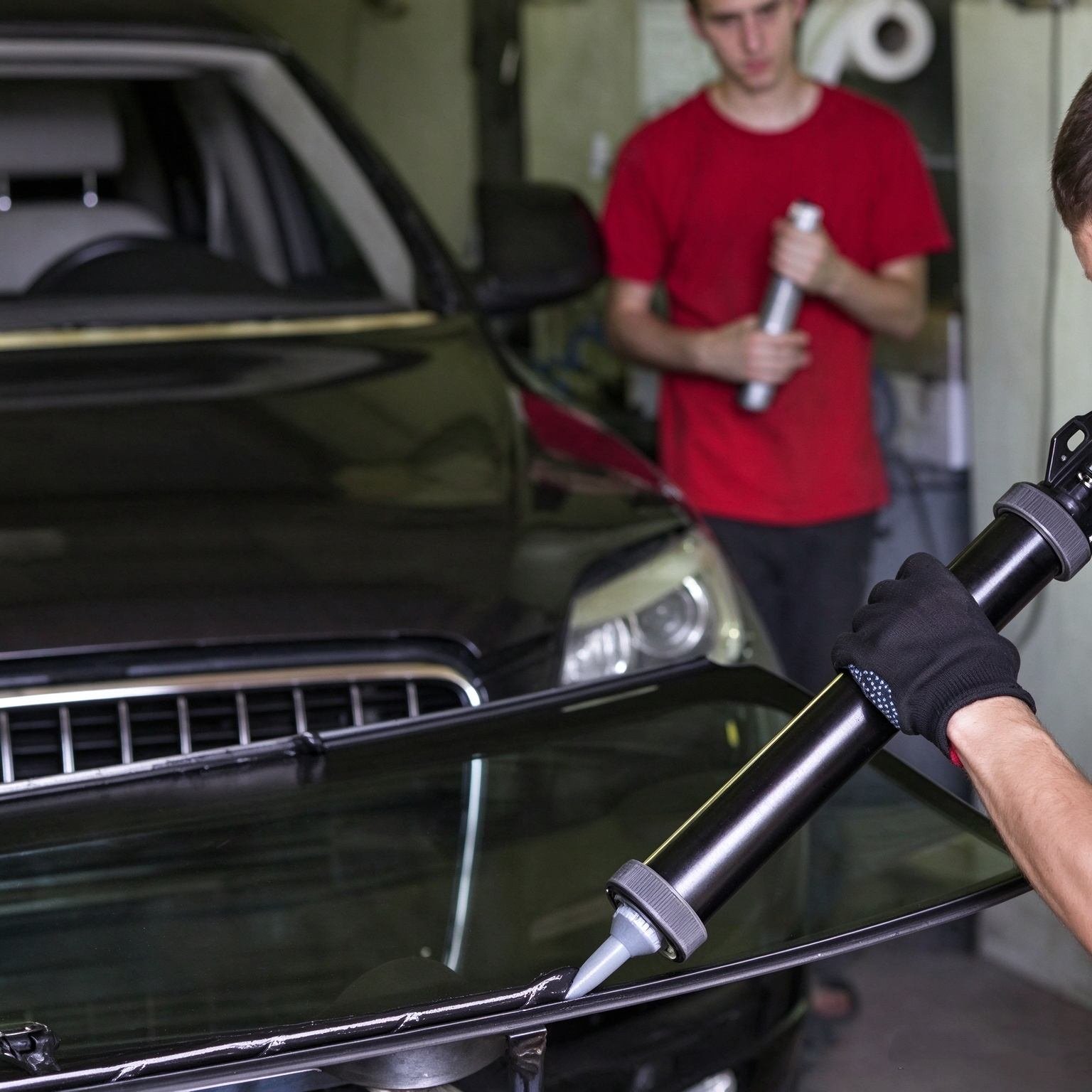 Automotive technician dispensing black urethane windshield adhesive onto luxury vehicle pinchweld at 4S dealership