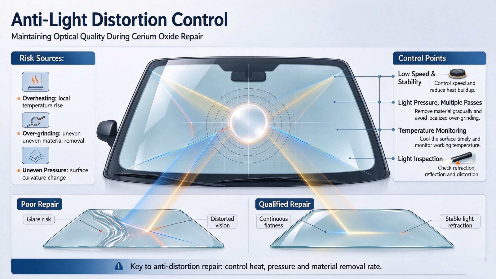 Optical inspection of automotive windshield surface showing anti light distortion control and scratch removal