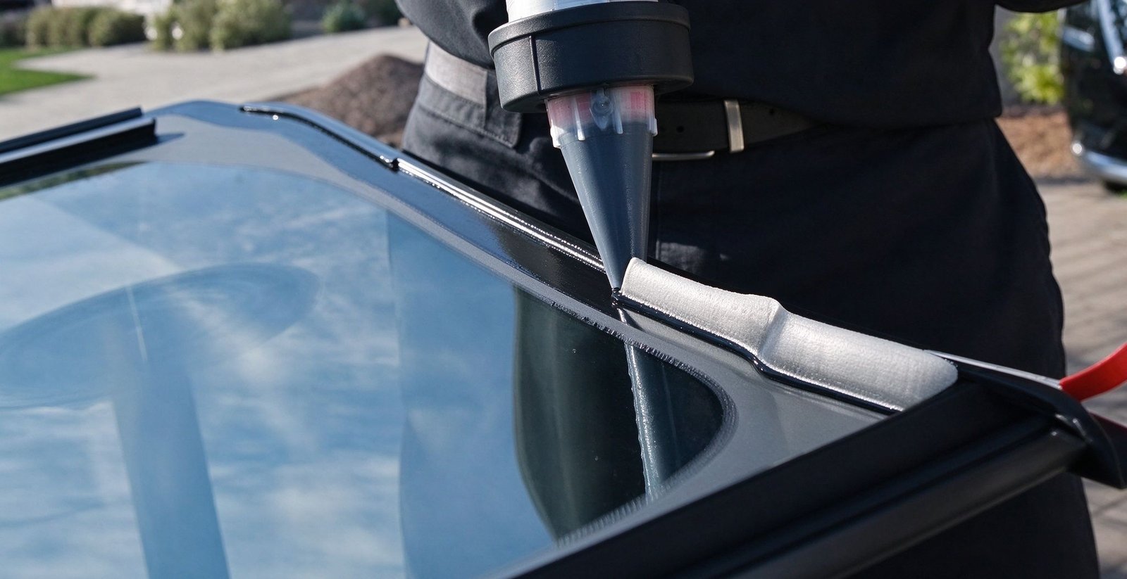 Auto glass glazier applying polyurethane adhesive bead with sealant gun for structural windshield replacement