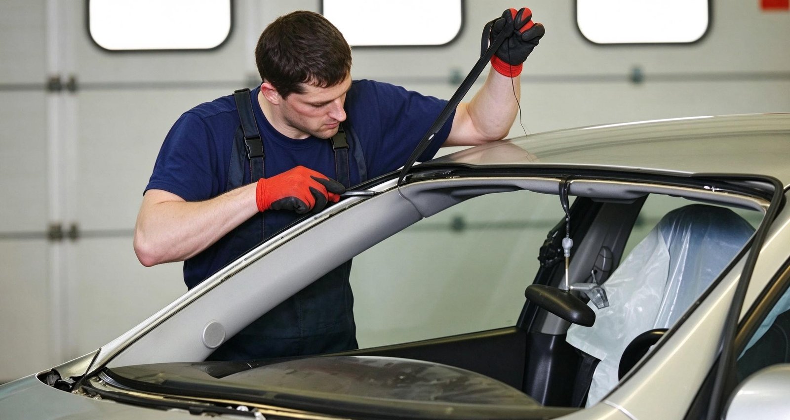 Technician applying polyurethane automotive seam sealer to protect body lap joints from moisture