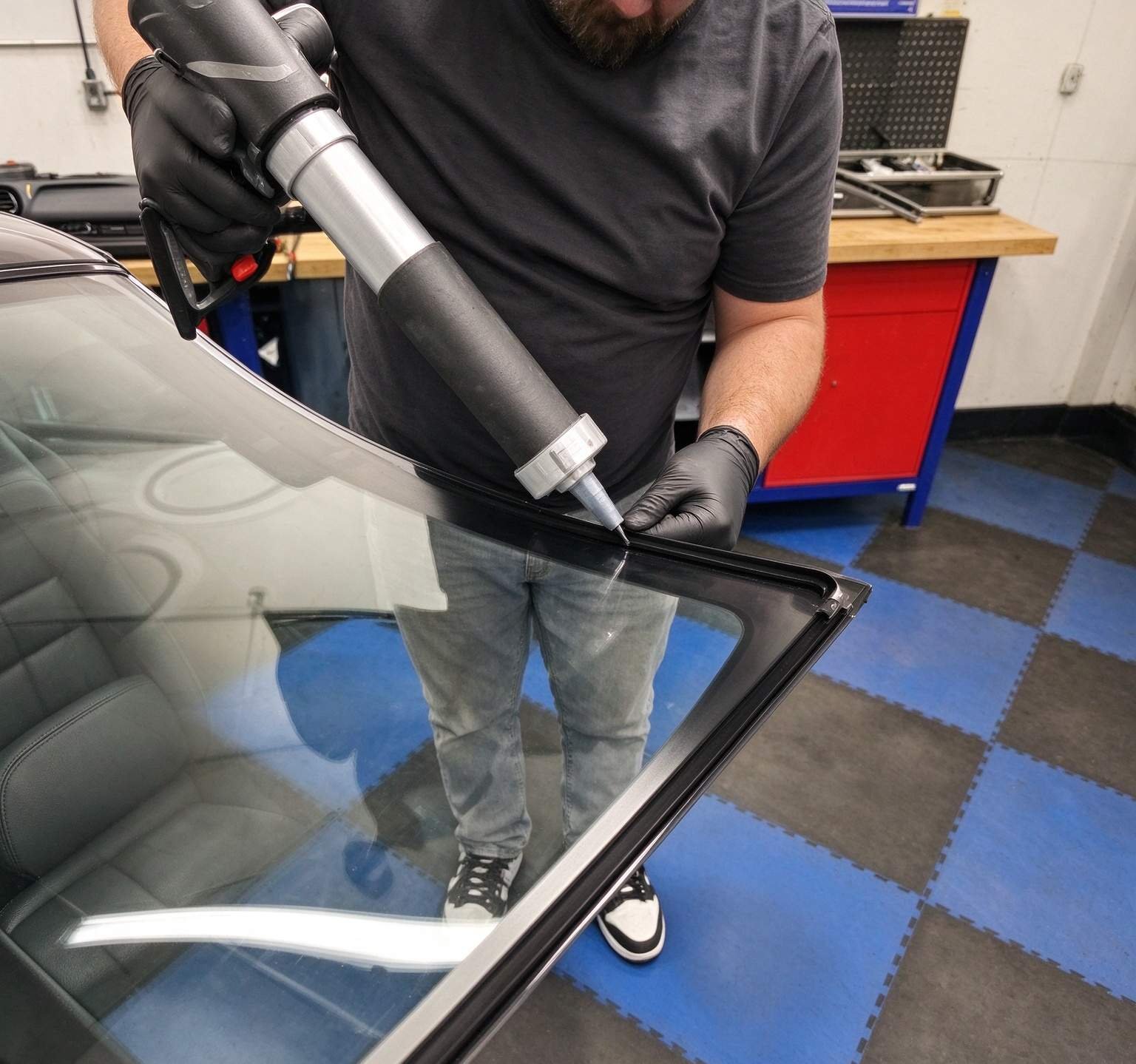 Automotive technician dispensing seam sealer along vehicle door hem flange using pneumatic caulking gun