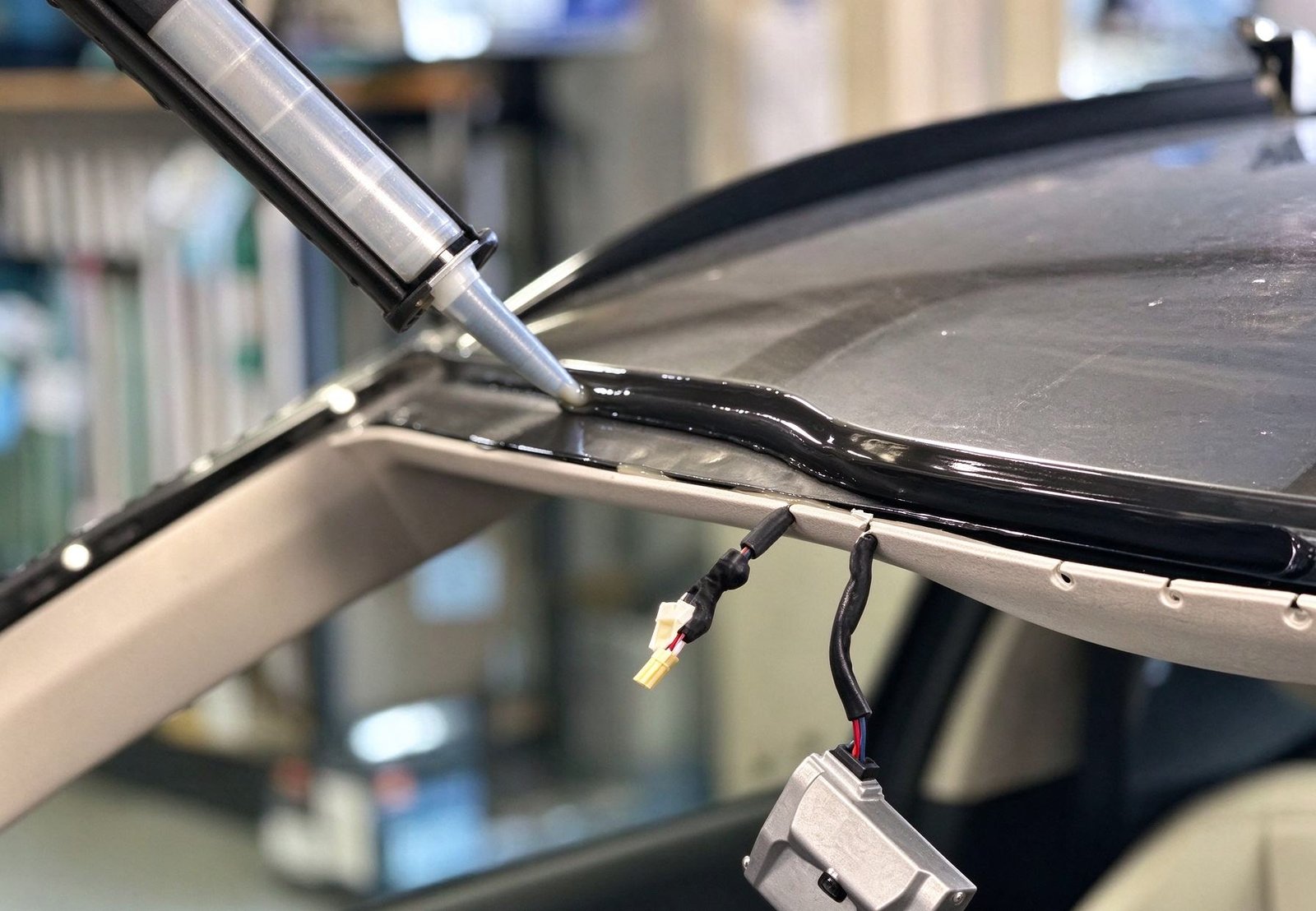 Dispensing triangular bead of polyurethane windshield adhesive onto automotive glass in controlled temperature workshop