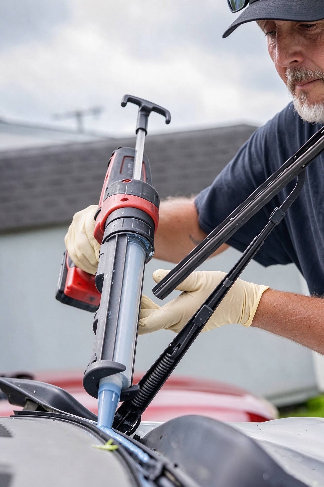 Dispensing high-strength automotive adhesive gun onto vehicle aperture trim after applying adhesion promoter