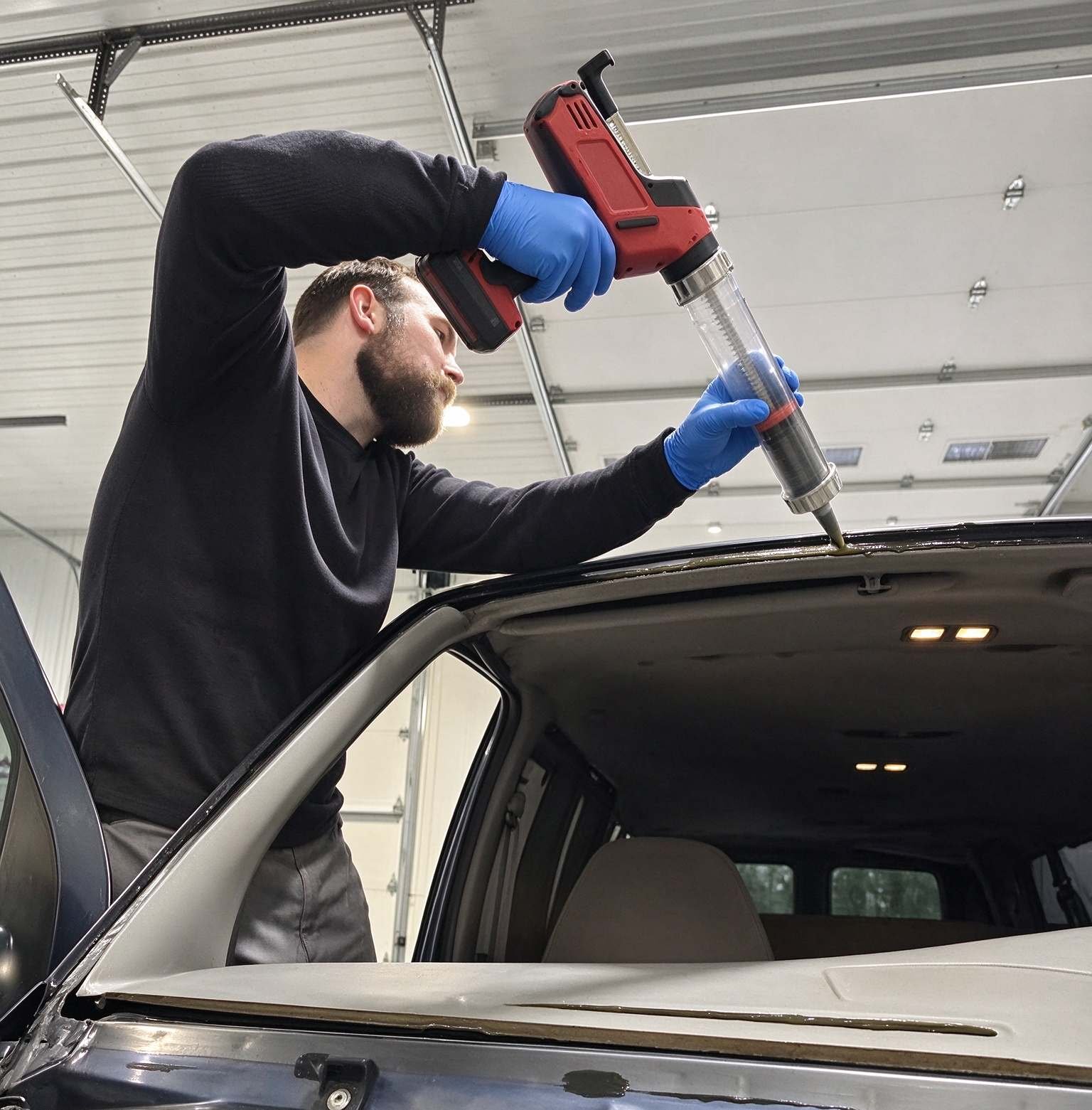 Professional pneumatic caulking gun dispensing triangular bead of polyurethane windshield sealant