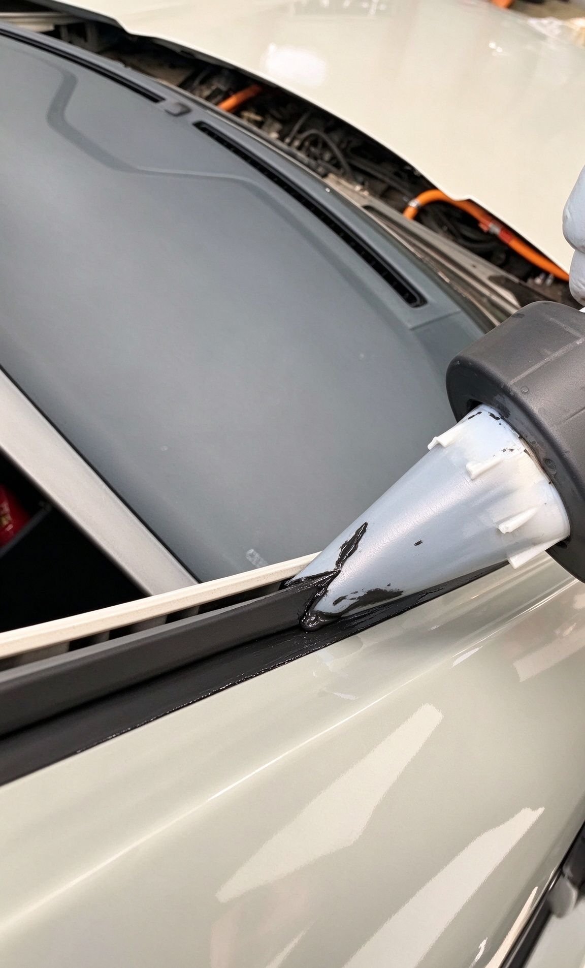 Close-up view of freshly extruded polyurethane sealant bead on automotive body pinchweld edge