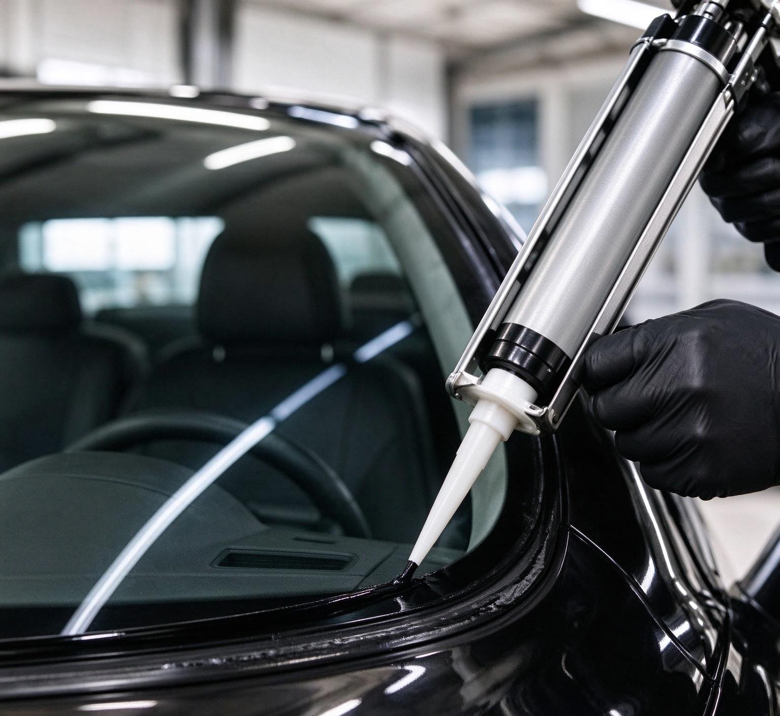 Technician coating automotive windshield frame aperture with black polyurethane primer and sealant