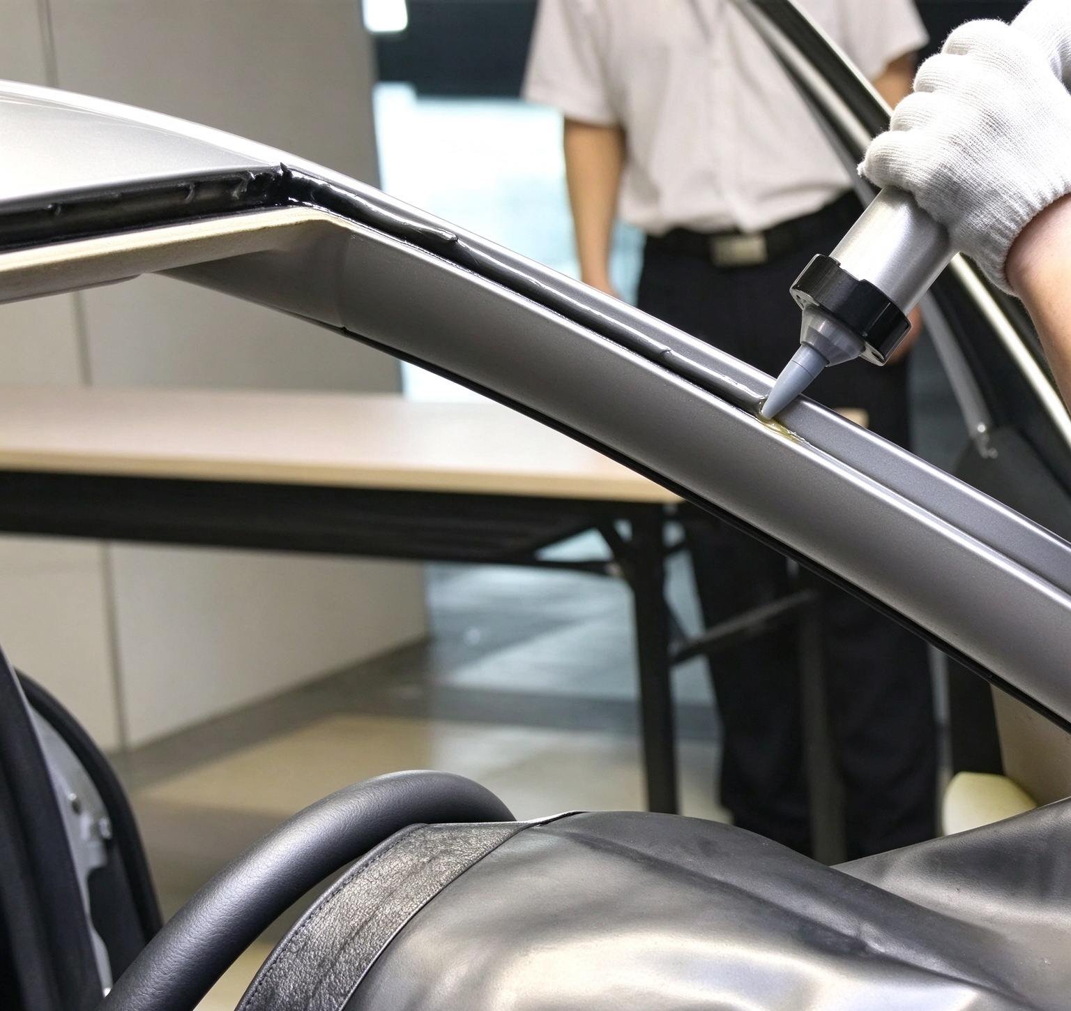 Precision adhesive bead application along automotive frame perimeter before mounting glass and exterior moldings
