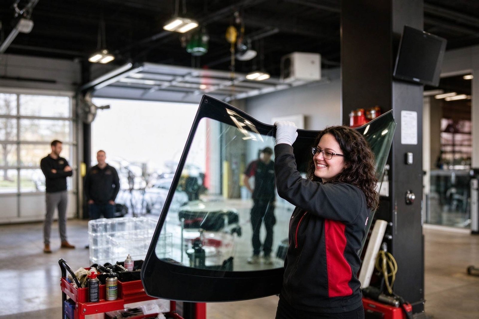 Collision repair specialist aligning newly prepared automotive glass and peripheral weatherstrip rubber seals