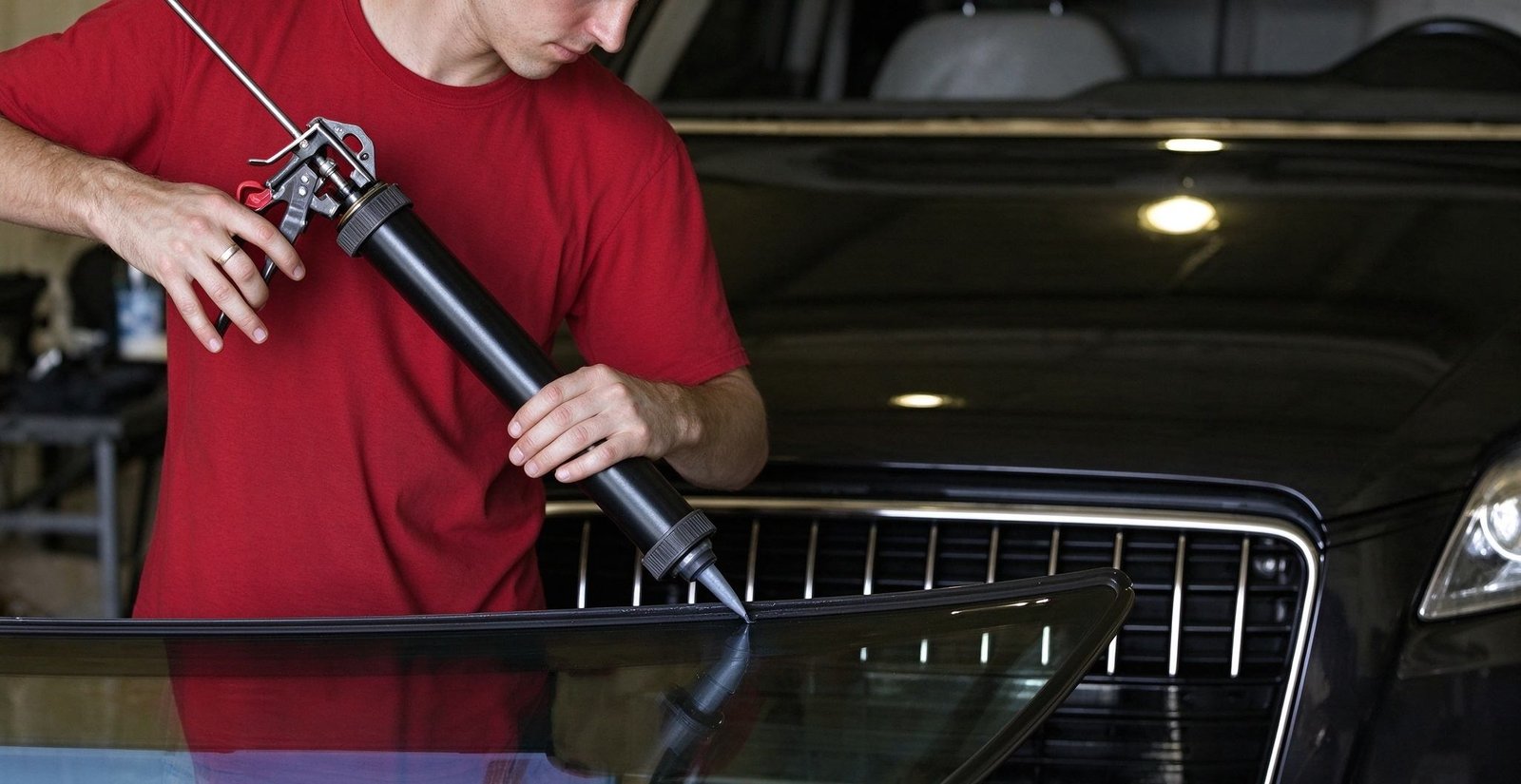 Technician dispensing structural adhesive with manual caulk gun adjacent to vehicle windshield trim assembly