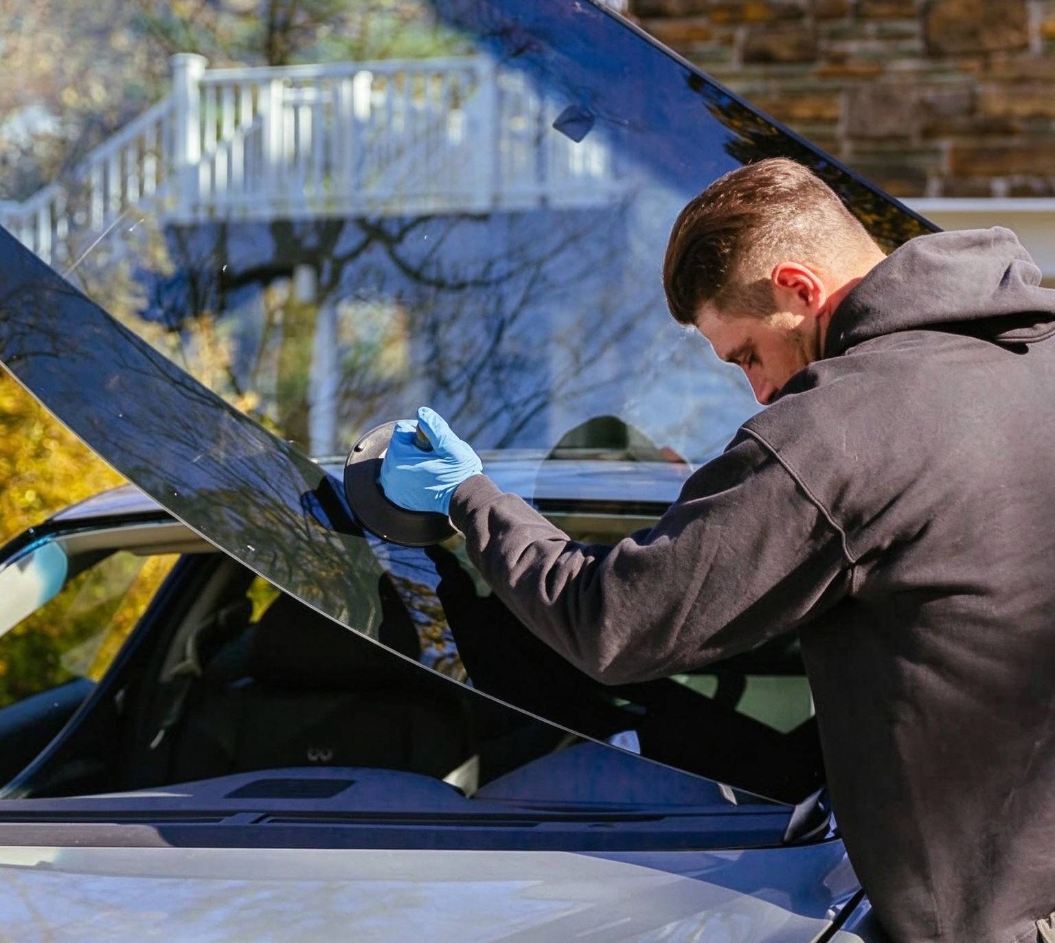 Windshield replacement technicians positioning automotive windscreen glass onto cured pinchweld flange with heavy duty suction cups