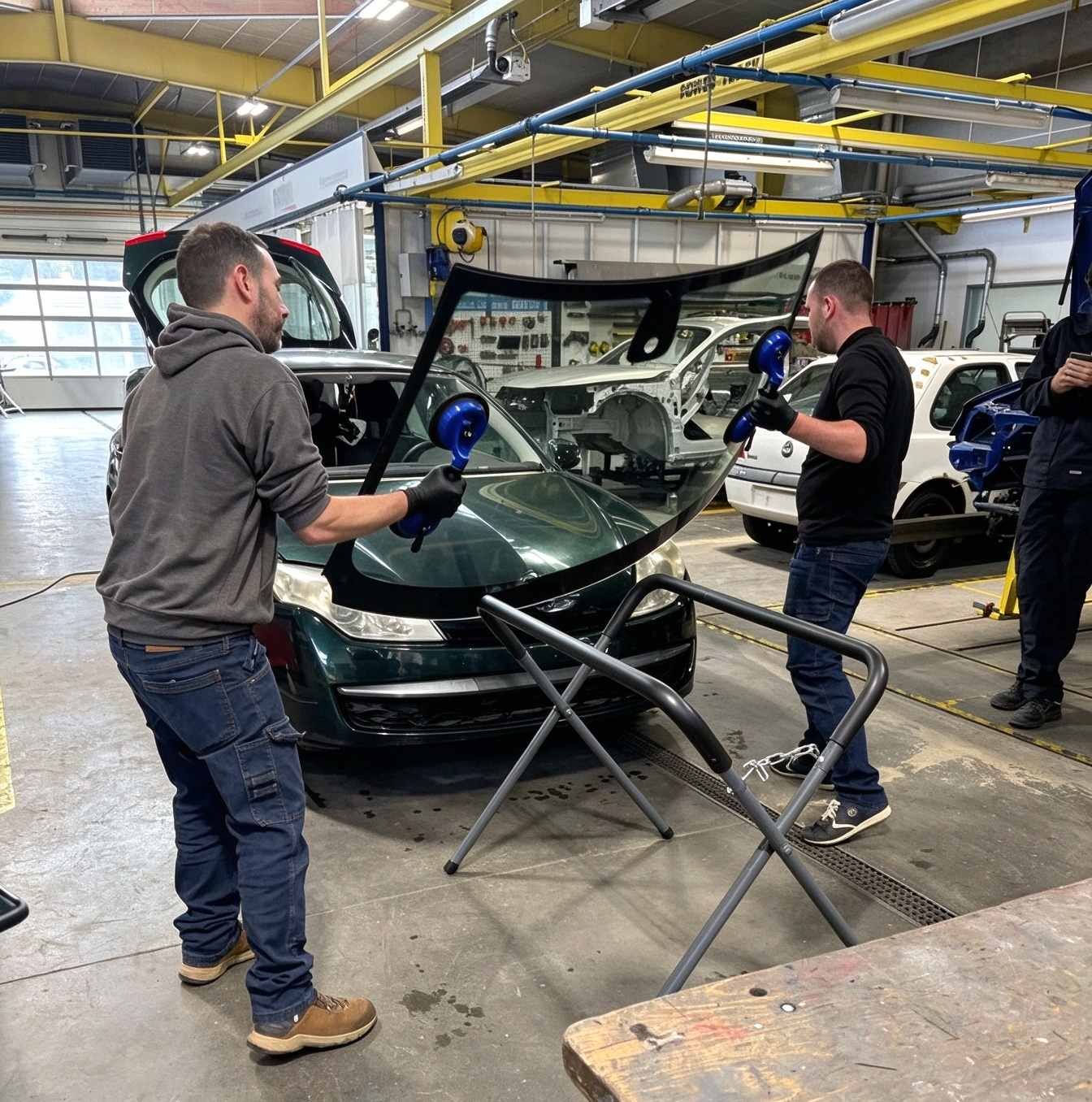 Technicians inspecting and fitting interior roof liner and structural windshield glass assembly in auto workshop