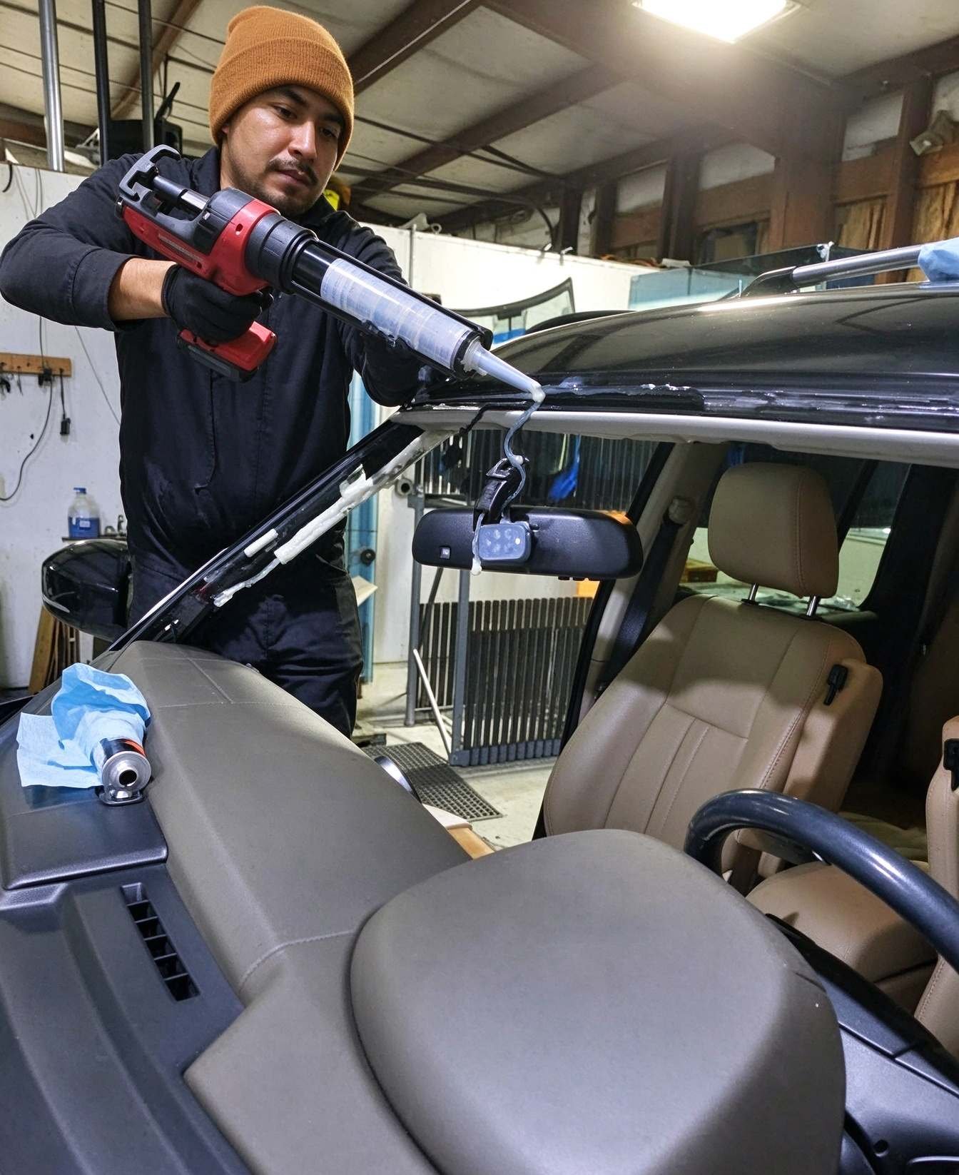 Auto glass repair facility performing windshield leak diagnostics and sealing in a controlled workshop environment