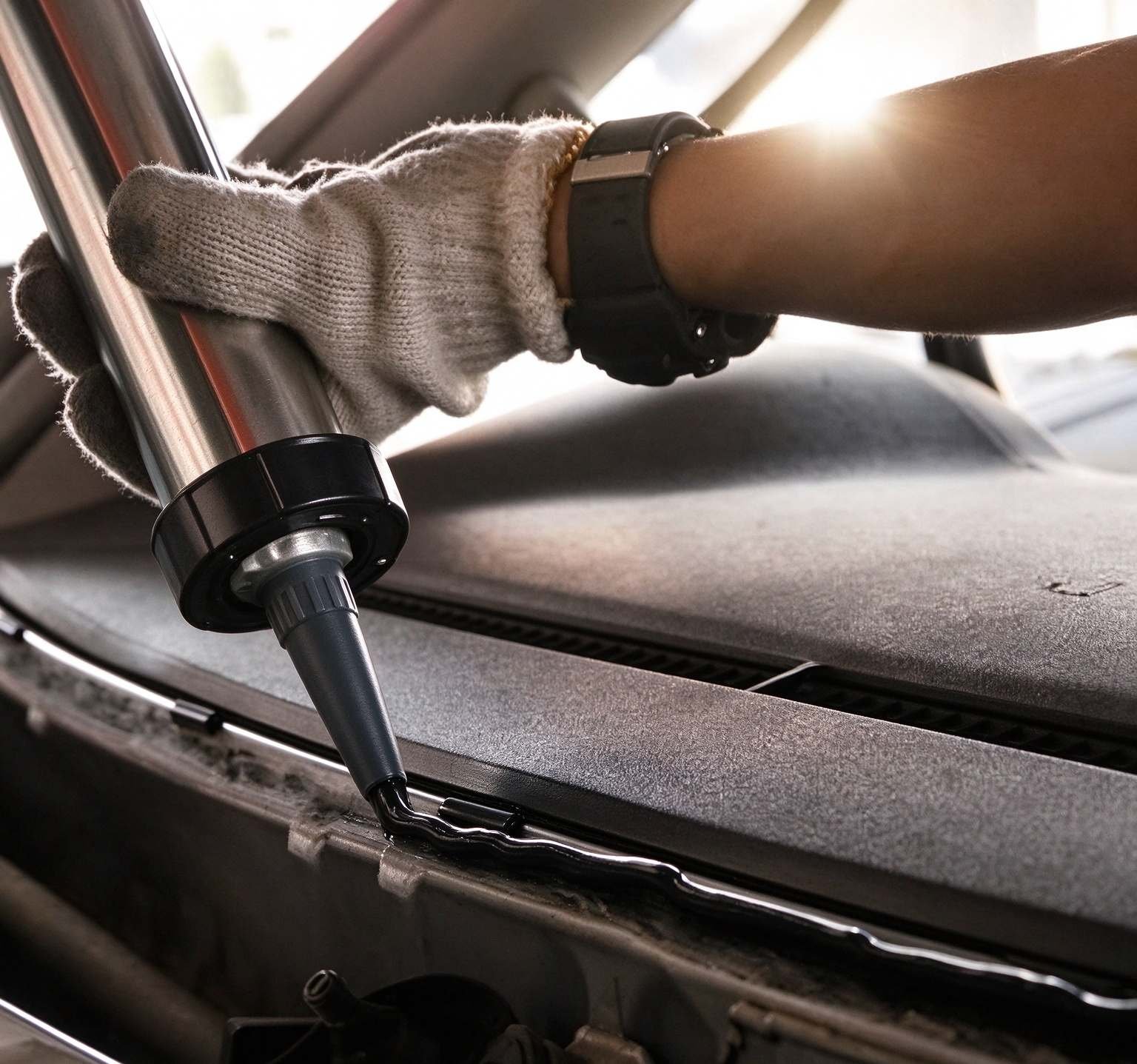 Professional auto glass technician applying black primer along windshield frit edge for direct glazing installation