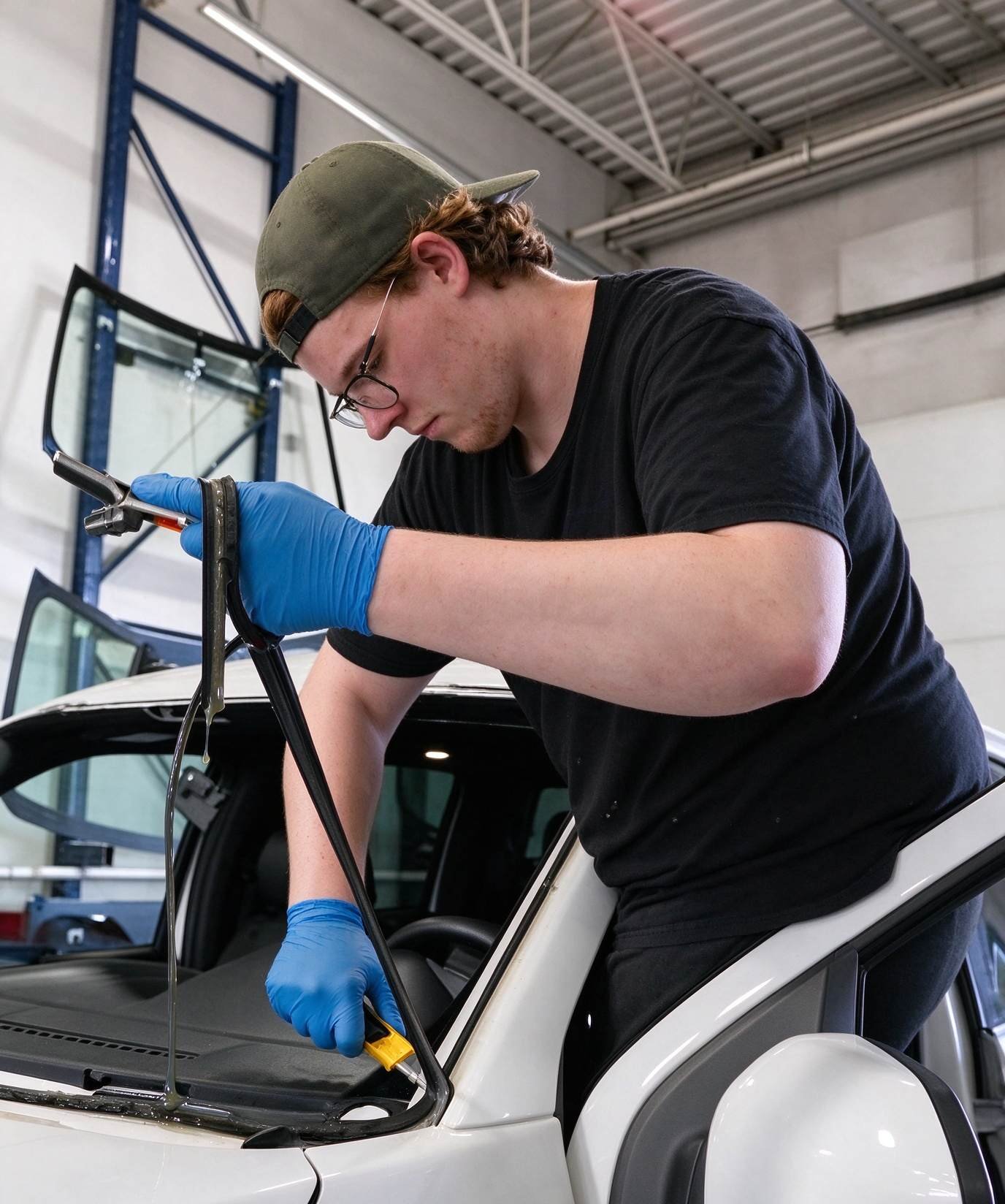 Two technicians installing replacement automotive windscreen using suction cups during cold weather glazier procedure