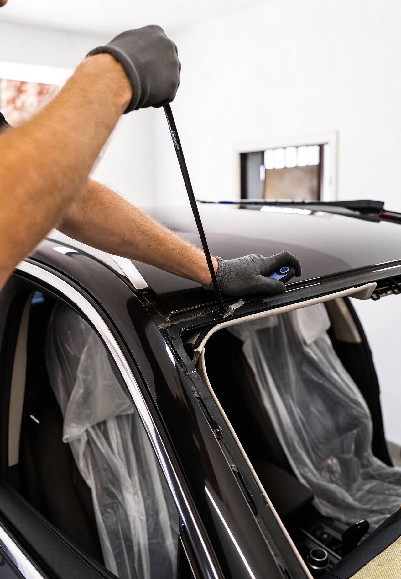 Technician applying uniform triangular polyurethane adhesive bead on vehicle windshield perimeter